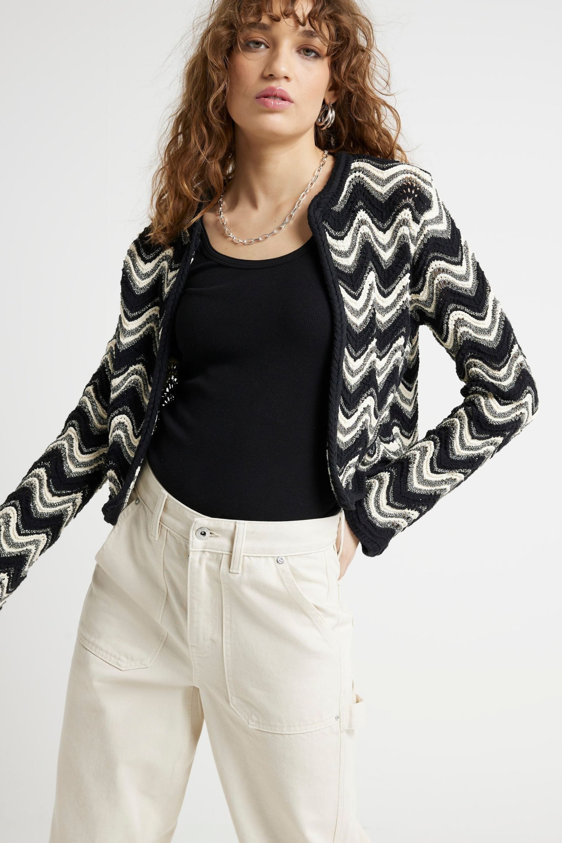 River Island Black Zigzag Knitted Cardigan - Image 1 of 4