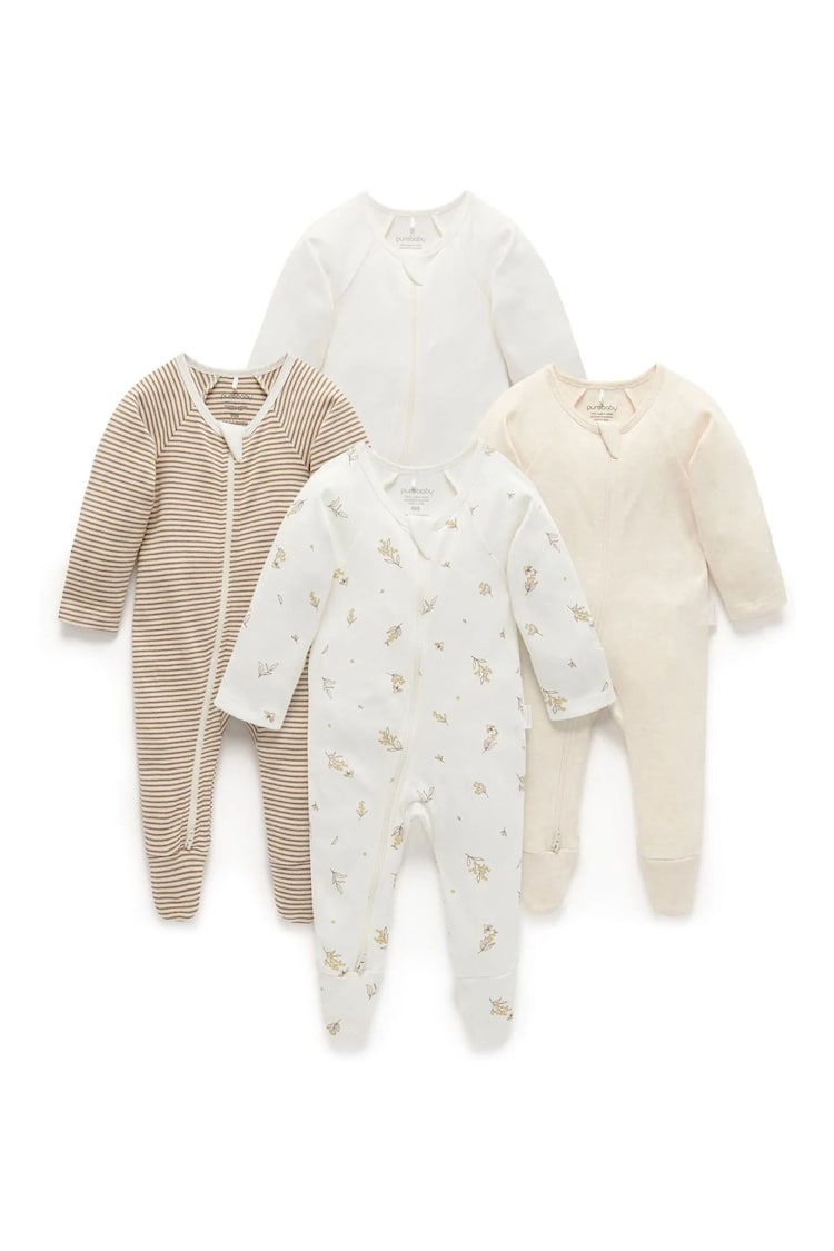 Purebaby Natural Zip Sleepsuits 4 Pack - Image 1 of 4