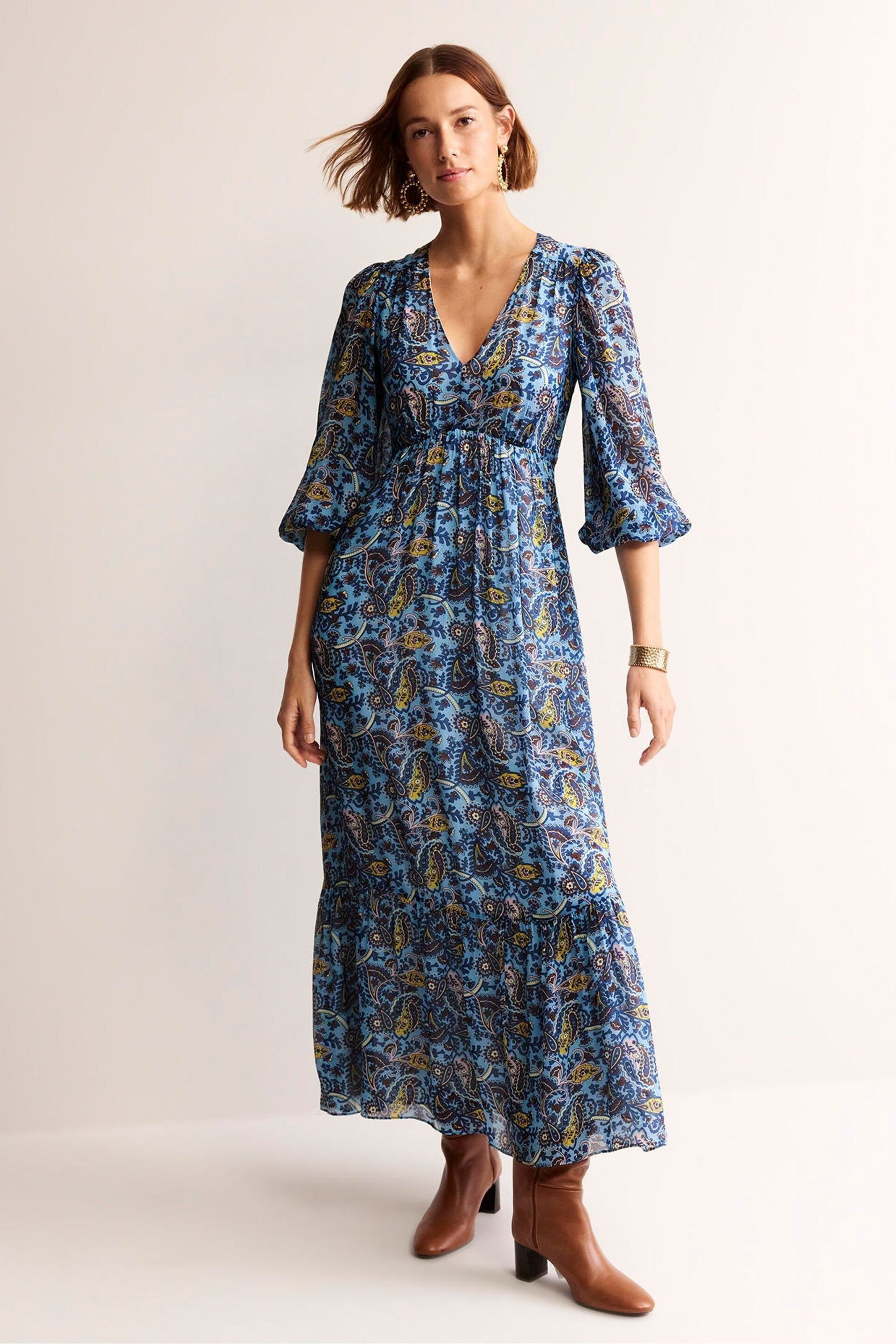 Boden Blue V-Neck Puff Maxi Dress - Image 1 of 6