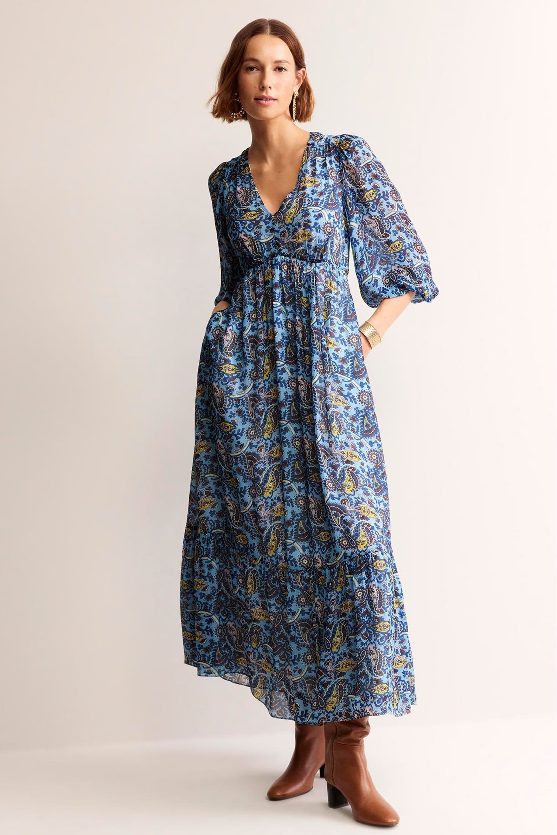 Boden Blue V-Neck Puff Maxi Dress - Image 3 of 6