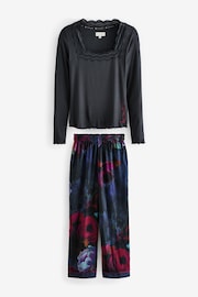 B by Ted Baker Charcoal Floral Print Jersey Rib Satin Pyjamas - Image 8 of 12