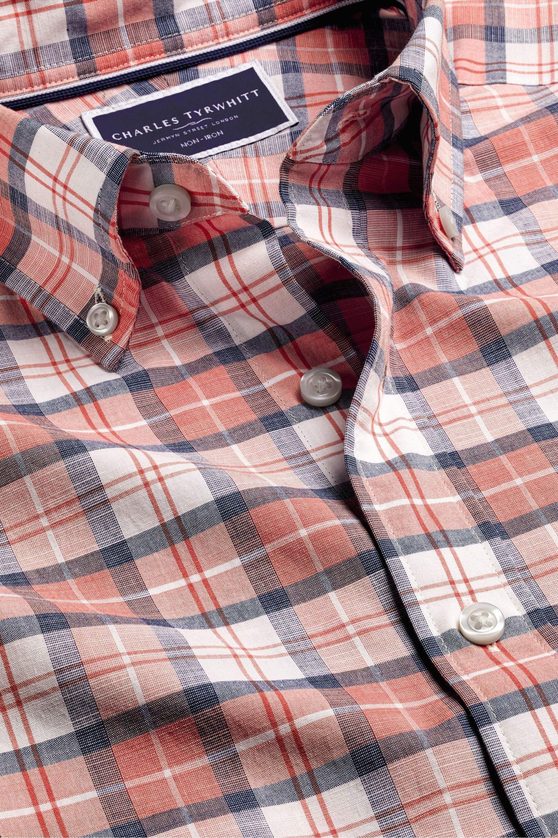 Charles Tyrwhitt Pink Check Short Sleeve Noniron Stretch Poplin Slub Shirt - Image 4 of 5