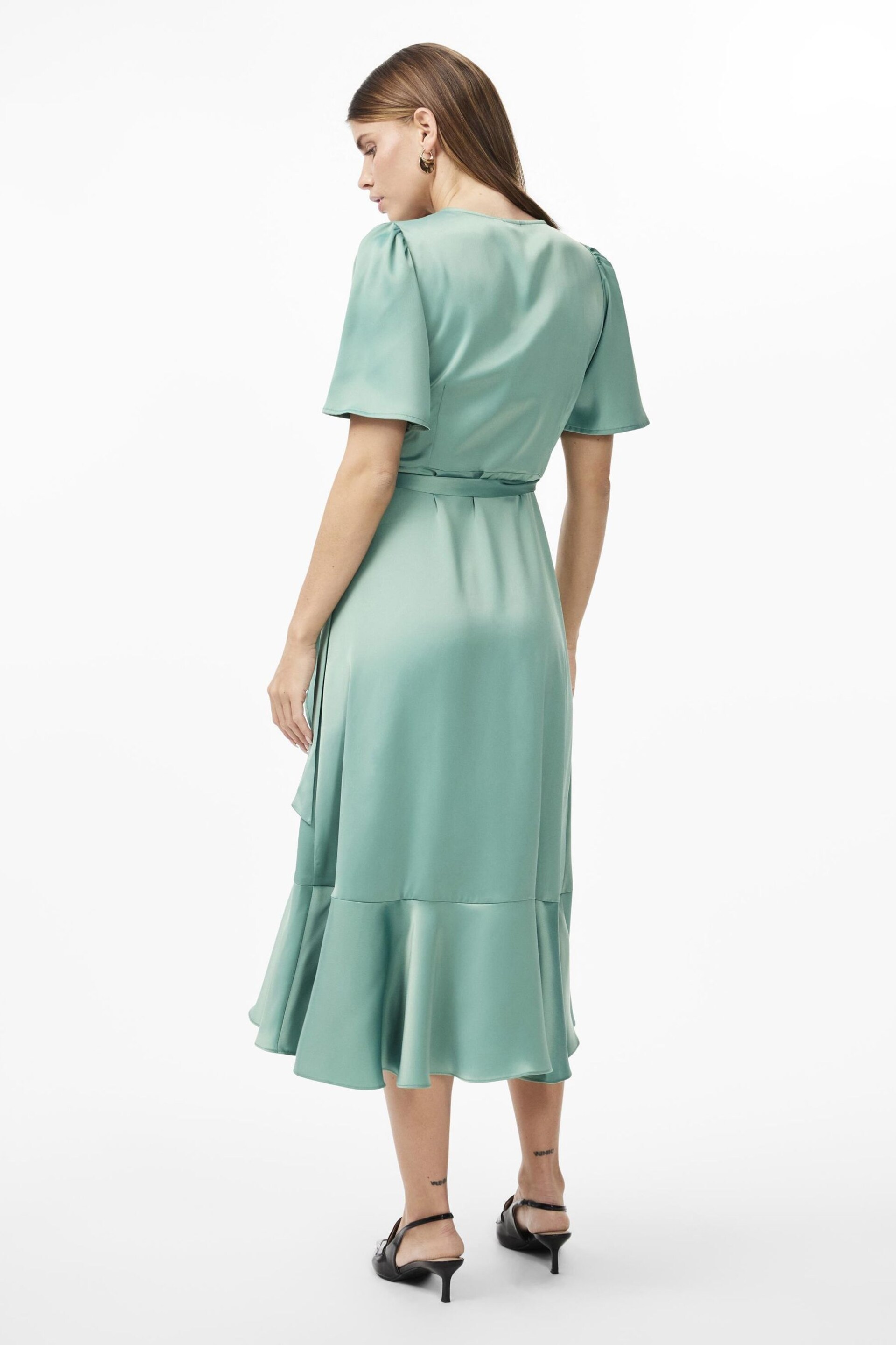 Y.A.S Green Satin Wrap Ruffle Dress - Image 2 of 4