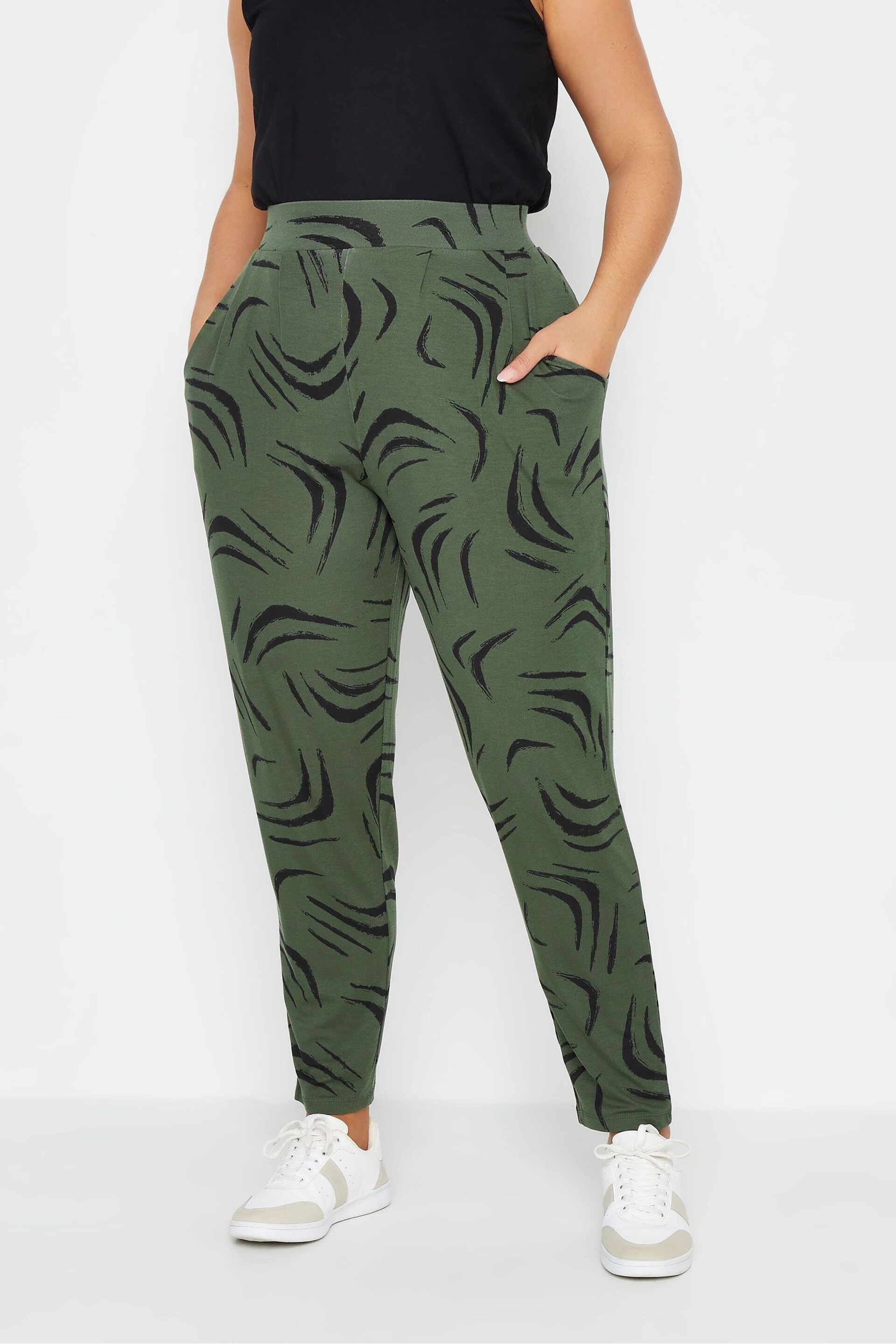 Yours Curve Khaki Green Double Pleated Harem Trousers - Image 1 of 4