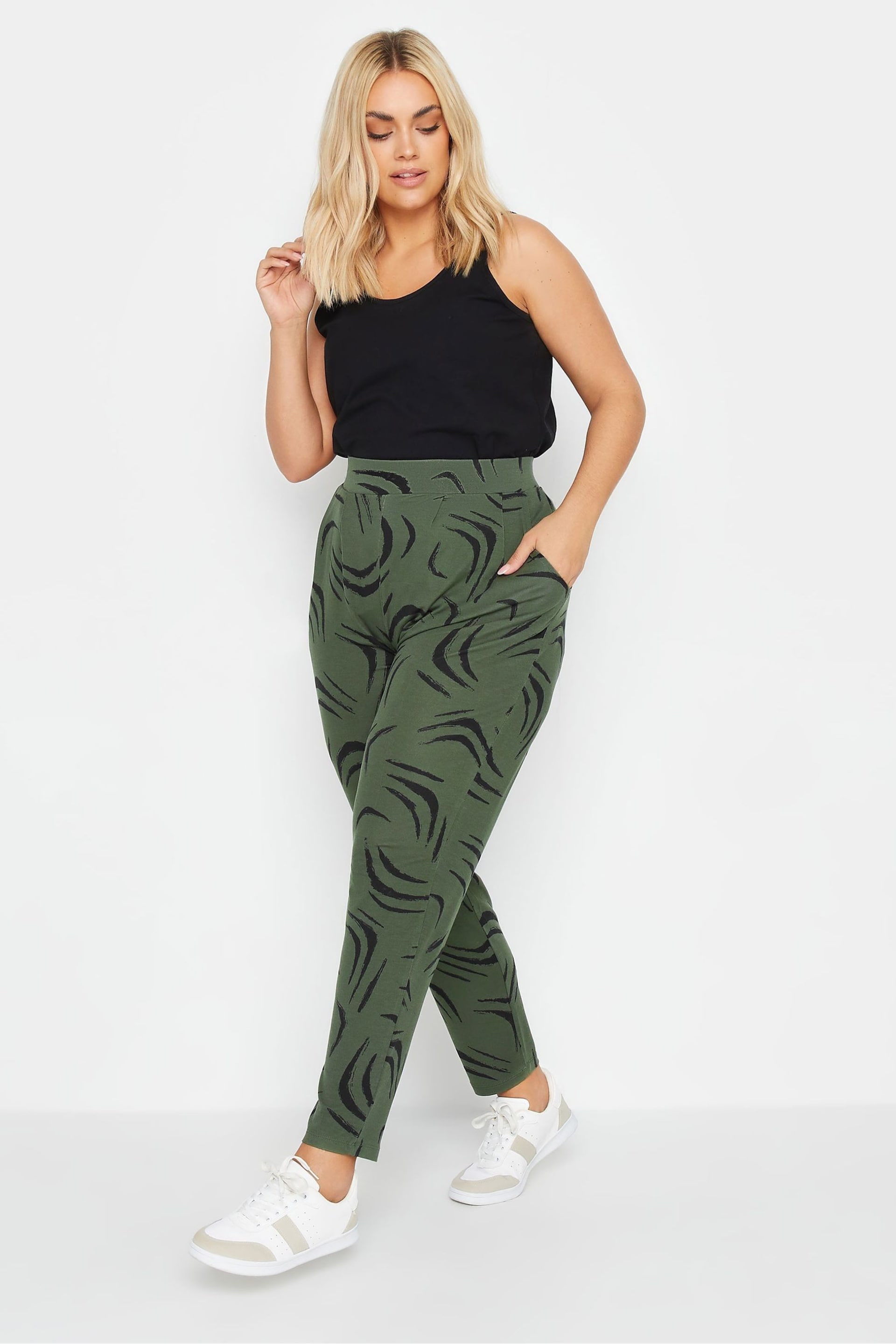 Yours Curve Khaki Green Double Pleated Harem Trousers - Image 2 of 4