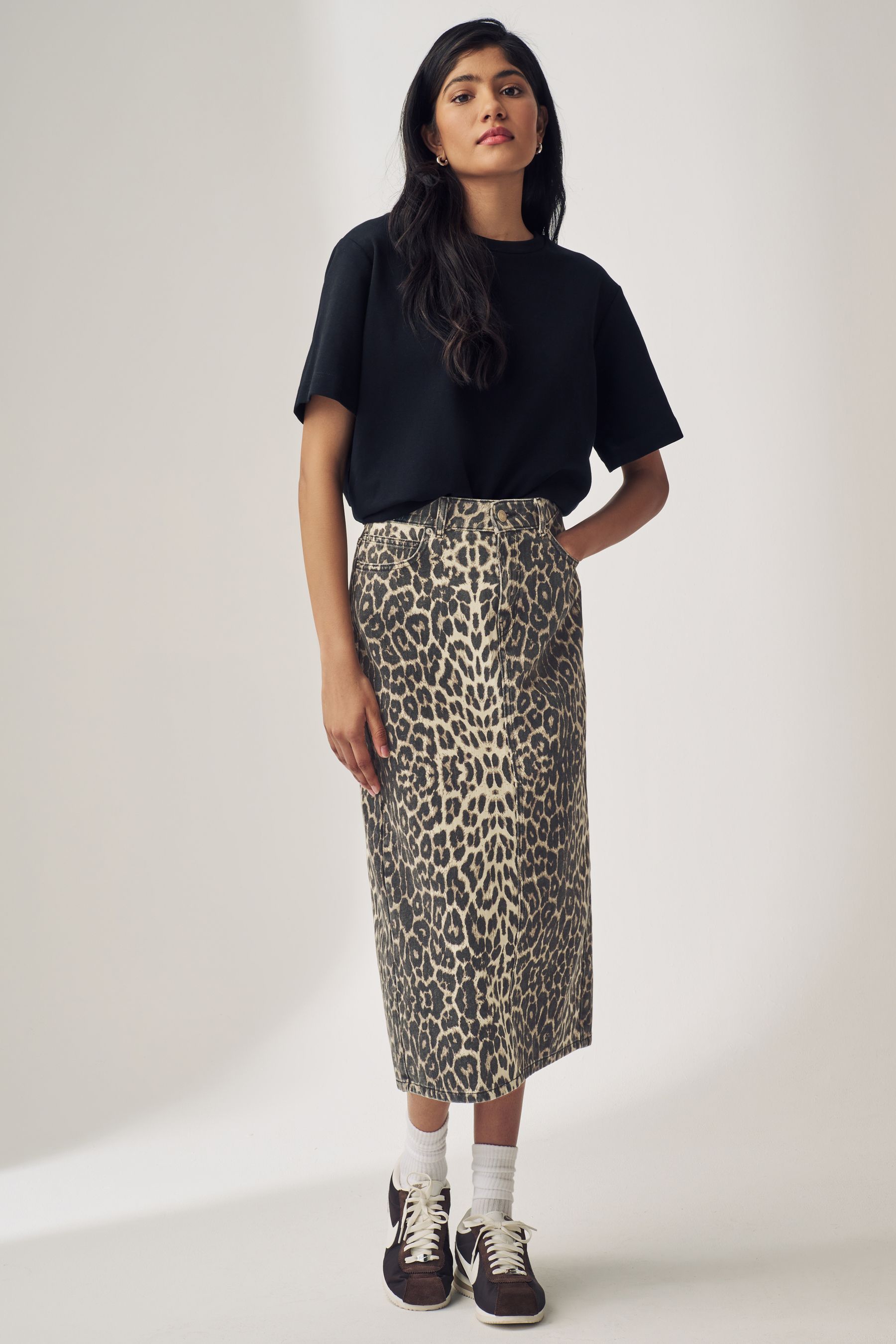 Buy Leopard Print 100 Cotton Denim Midi Skirt from the Next UK online shop