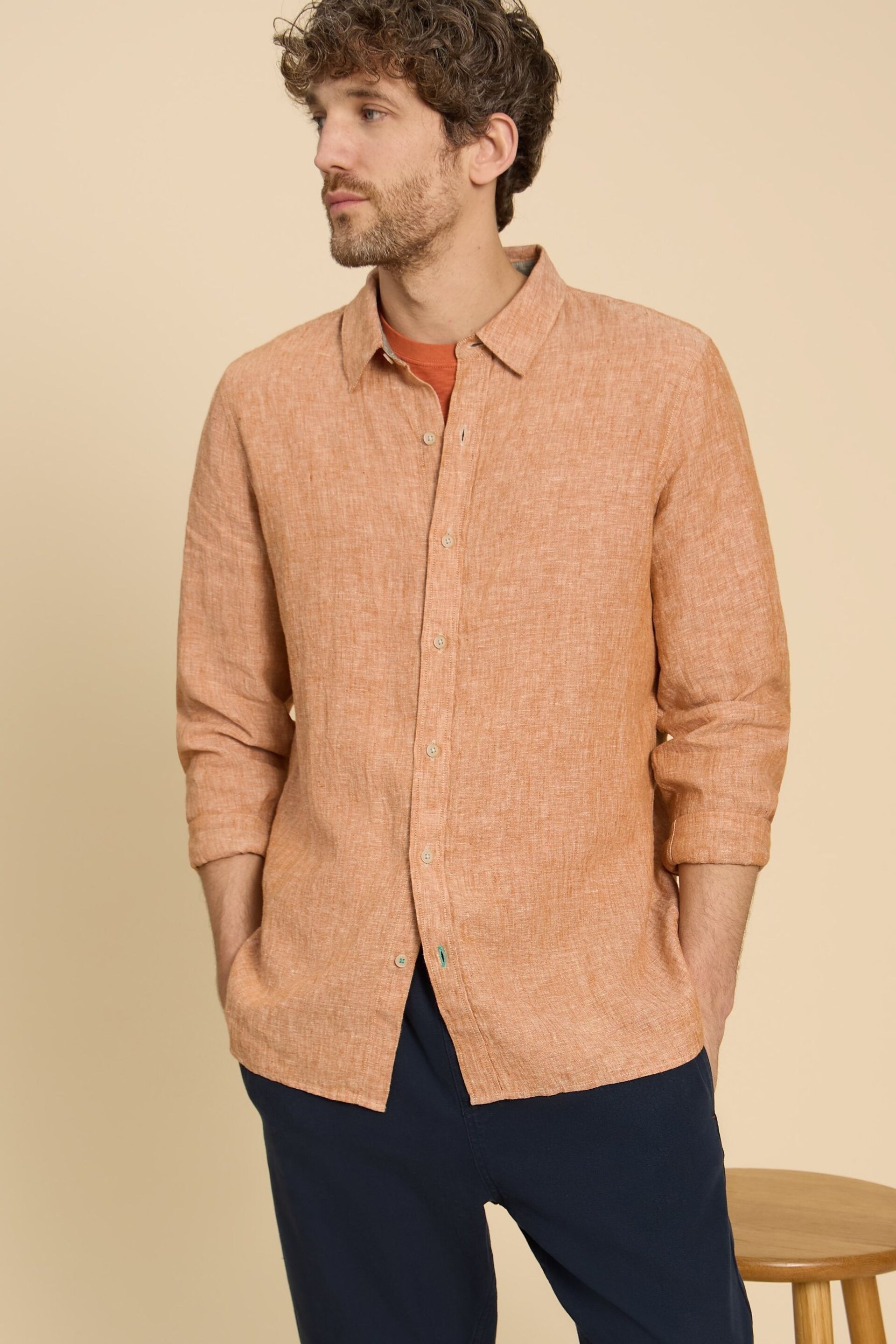 White Stuff Orange Pembroke Long Sleeve Linen Shirt - Image 1 of 7
