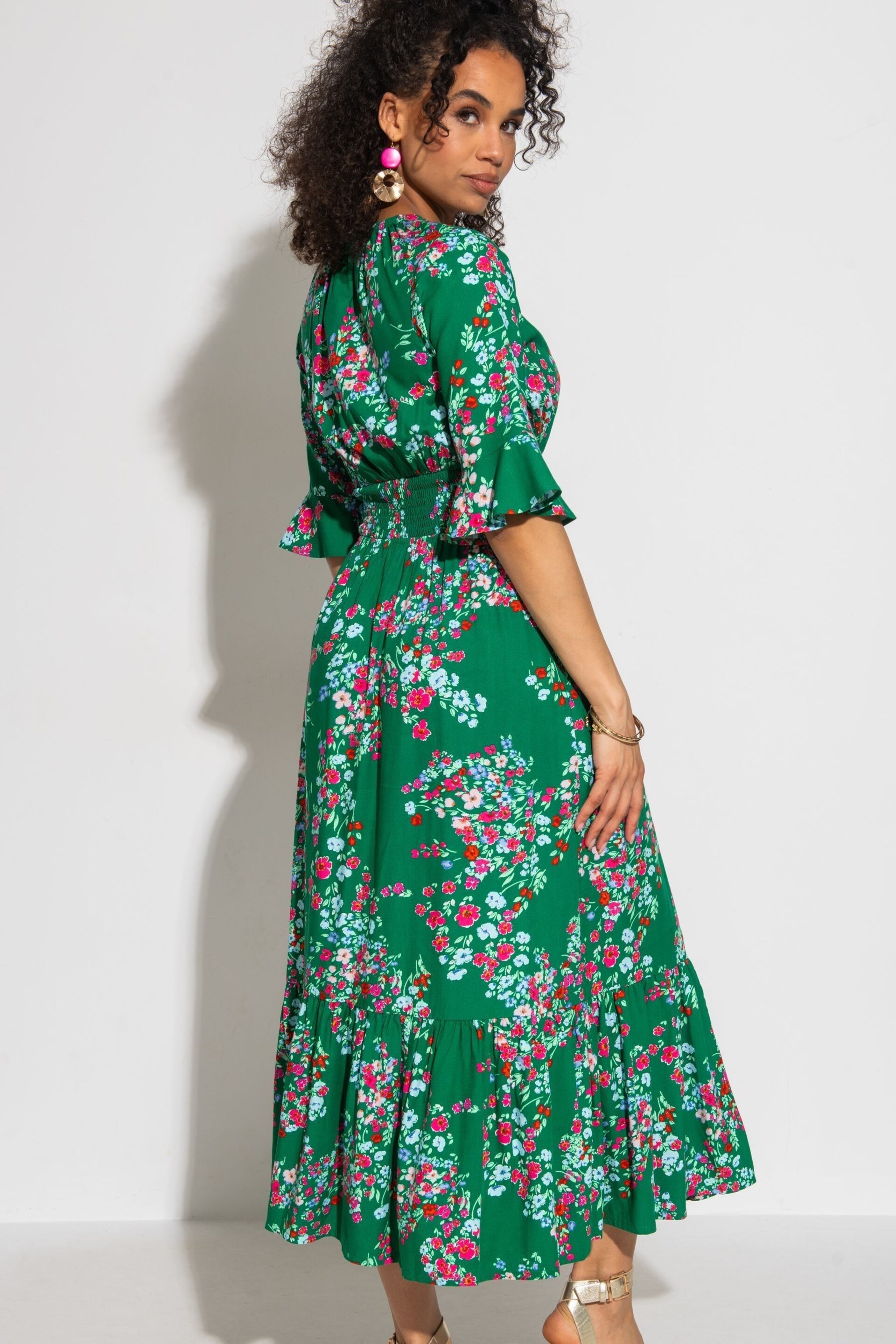 Pour Moi Green Multi Floral Carmen Fuller Bust LENZING™ ECOVERO™ Viscose Elasticated Neckline Midaxi Dress - Image 2 of 4