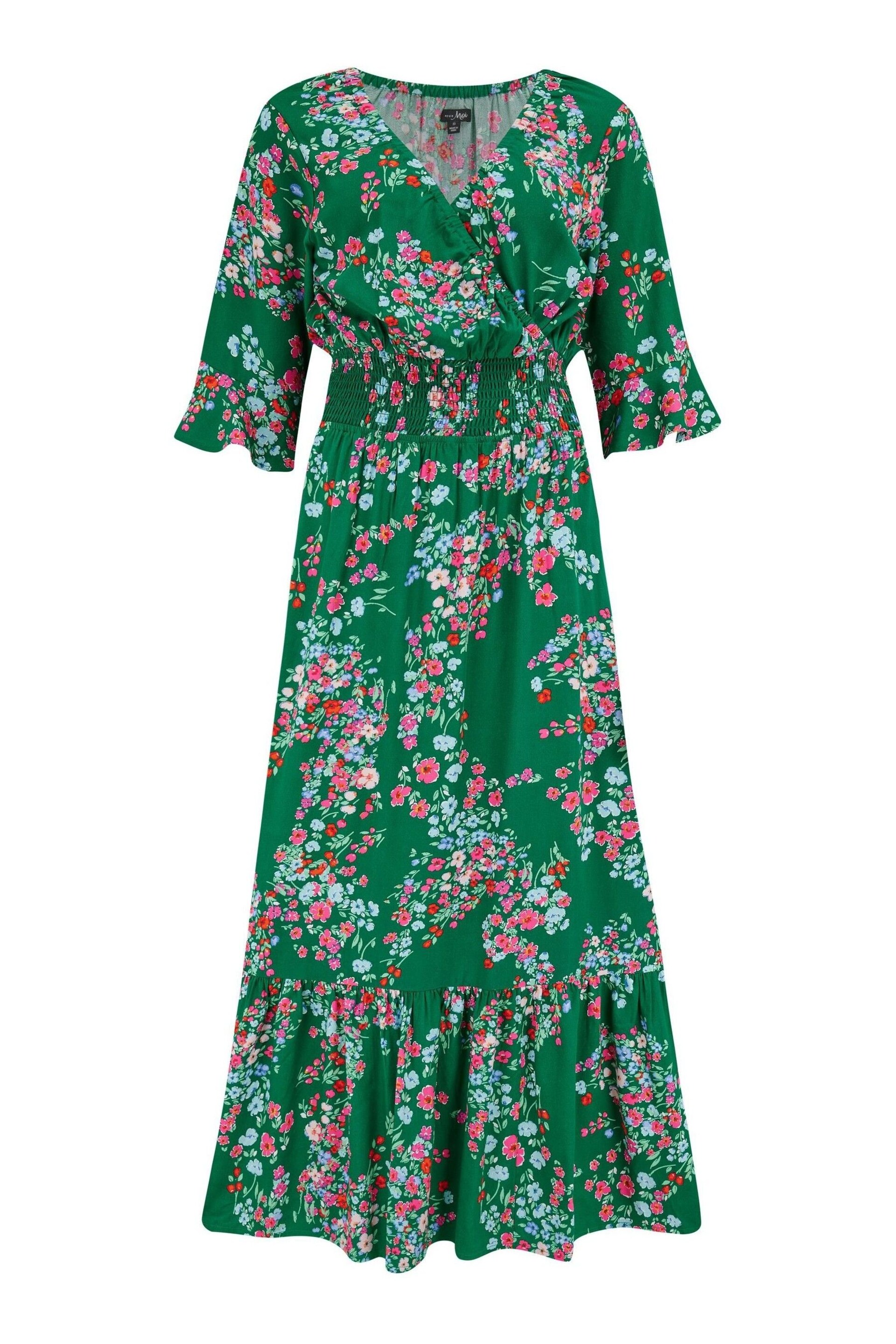 Pour Moi Green Multi Floral Carmen Fuller Bust LENZING™ ECOVERO™ Viscose Elasticated Neckline Midaxi Dress - Image 3 of 4