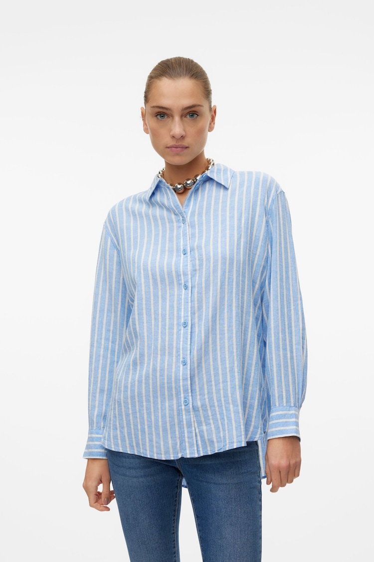 VERO MODA Blue Linen Blend Long Sleeve Stripe Shirt - Image 1 of 6