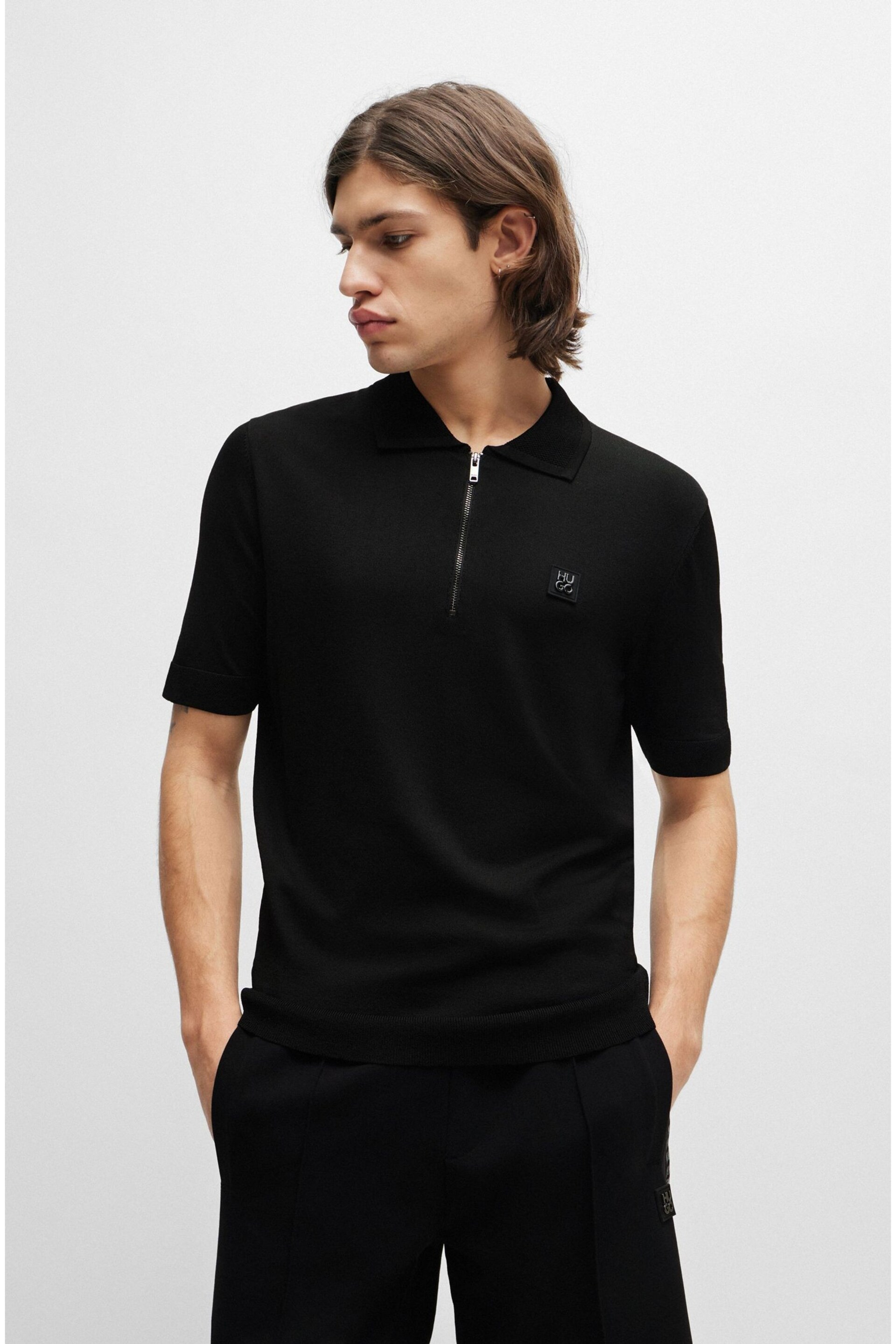 HUGO Zip-Neck Black Polo Shirt With Stacked Logo - Image 1 of 3