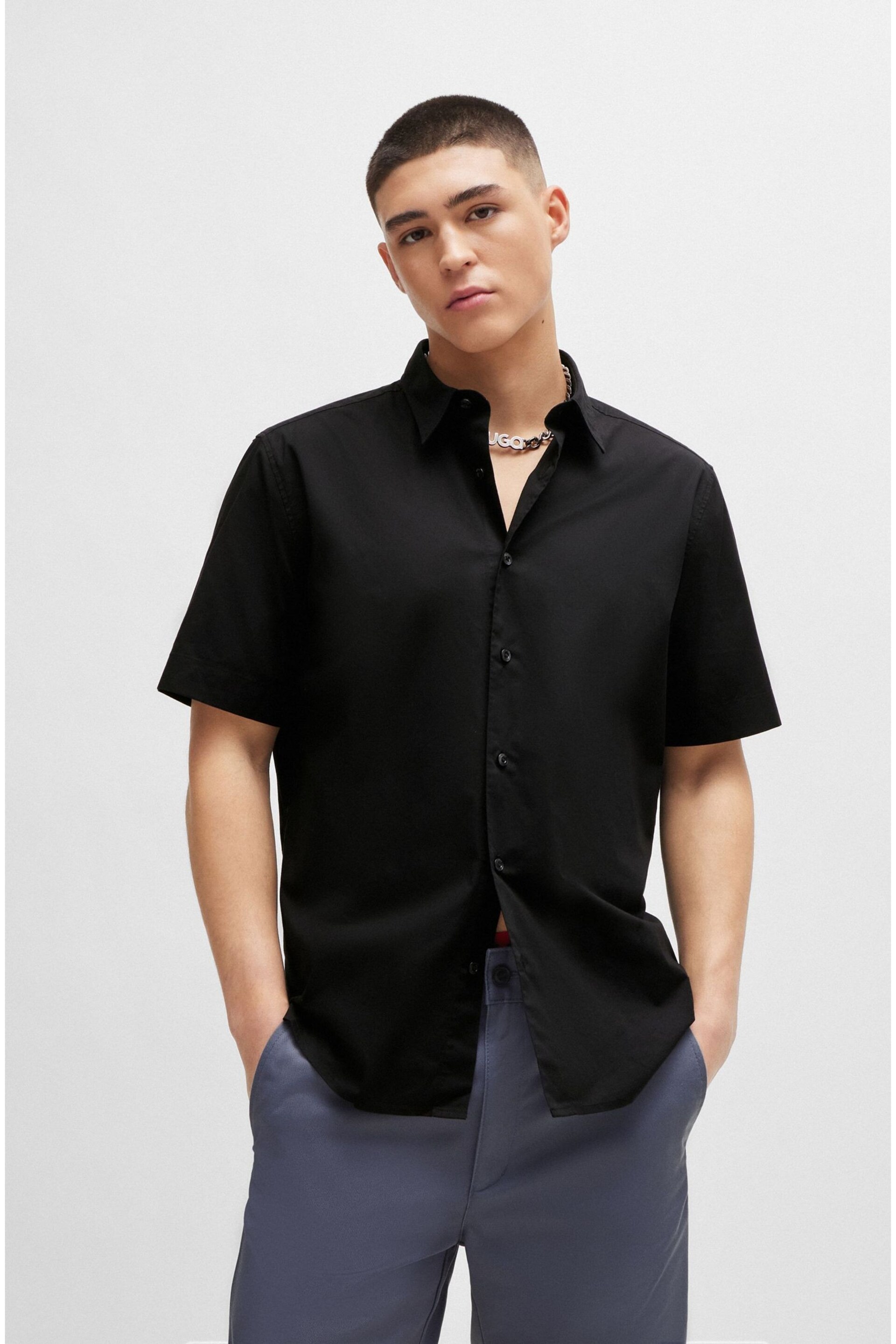 HUGO Relaxed Fit Black Shirt in Stretch Cotton Canvas - Image 1 of 6