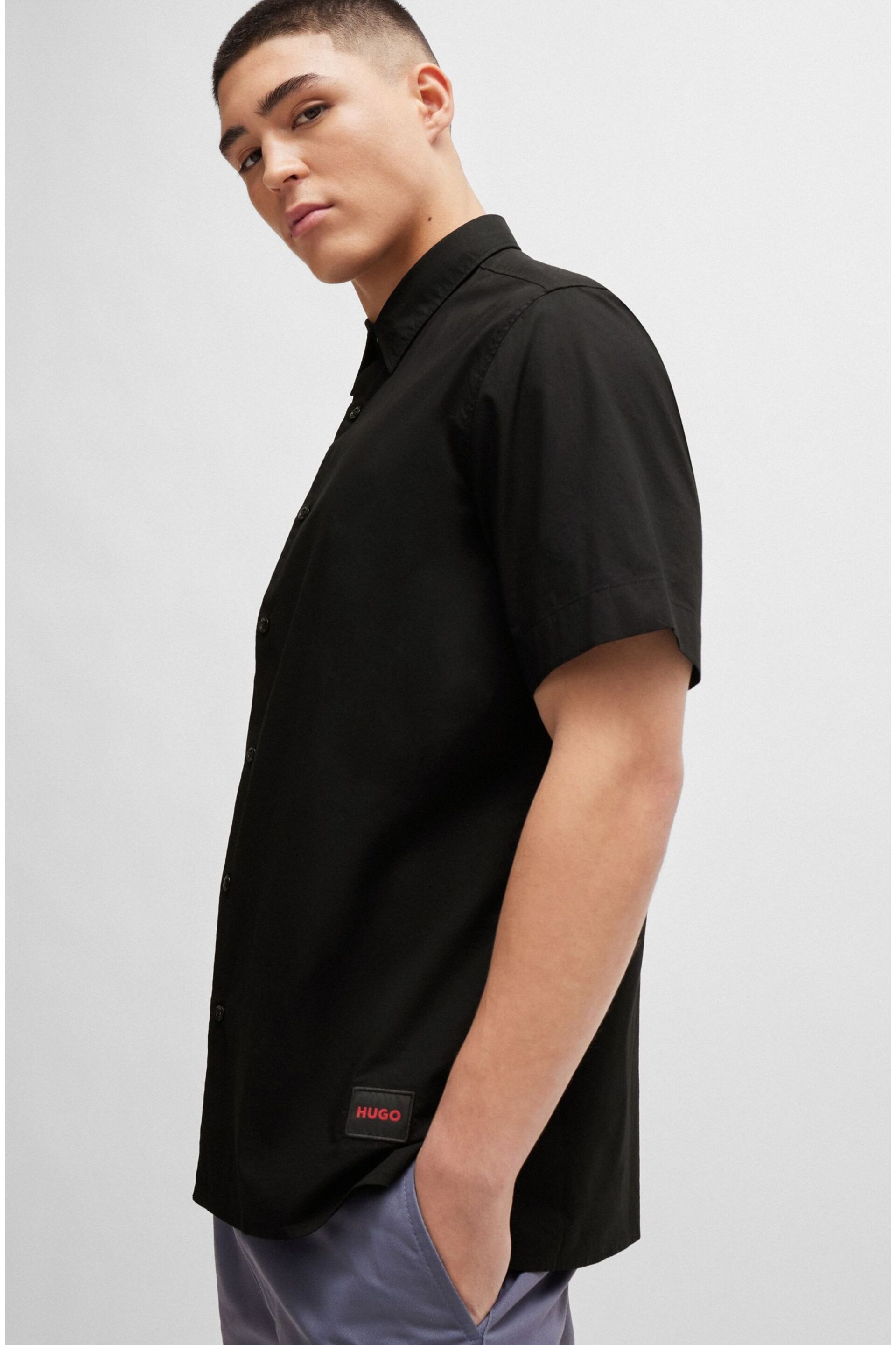 HUGO Relaxed Fit Black Shirt in Stretch Cotton Canvas - Image 4 of 6