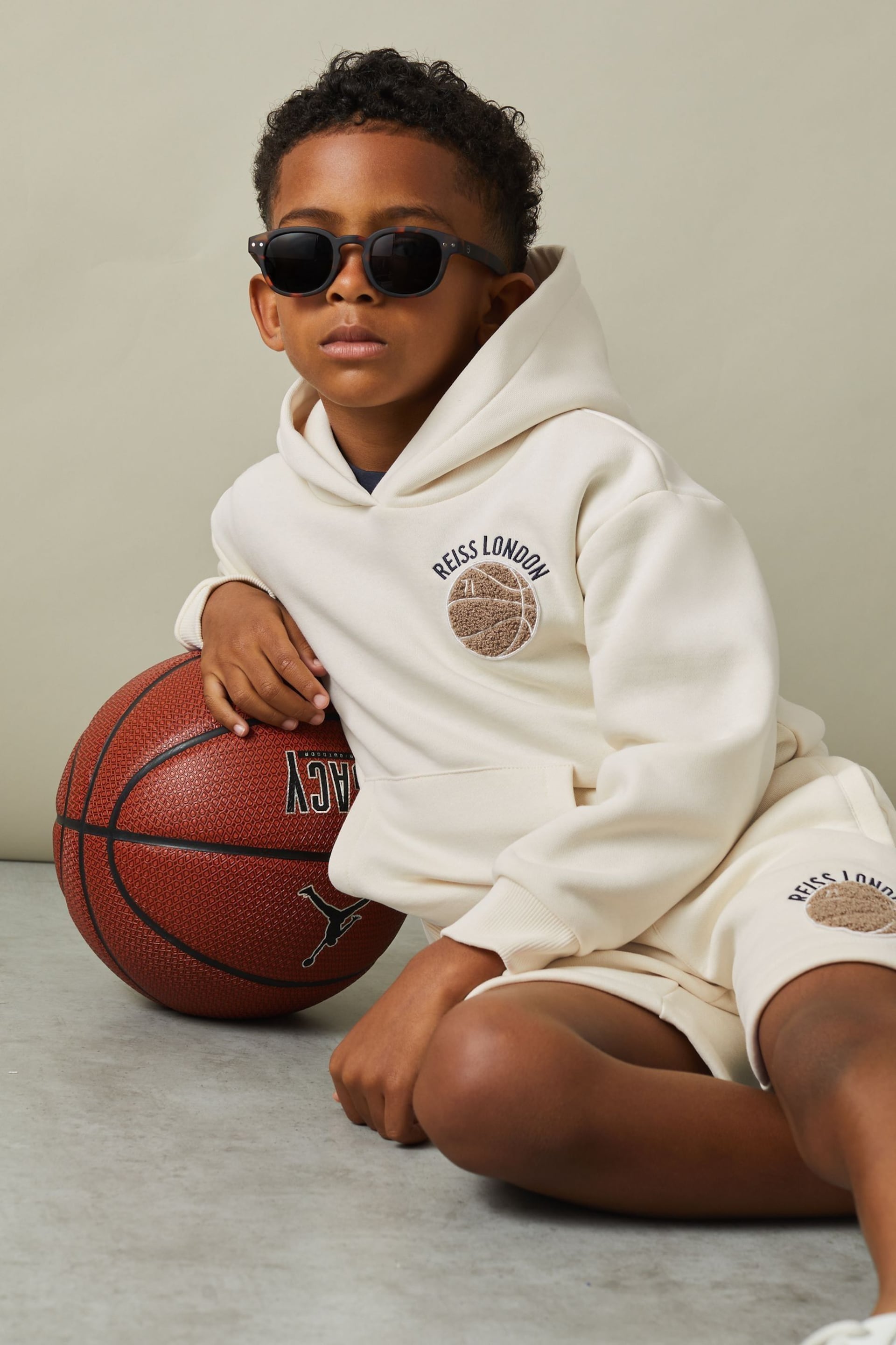 Reiss Off White Cottle Senior Relaxed Embroidered Basketball Hoodie - Image 1 of 4