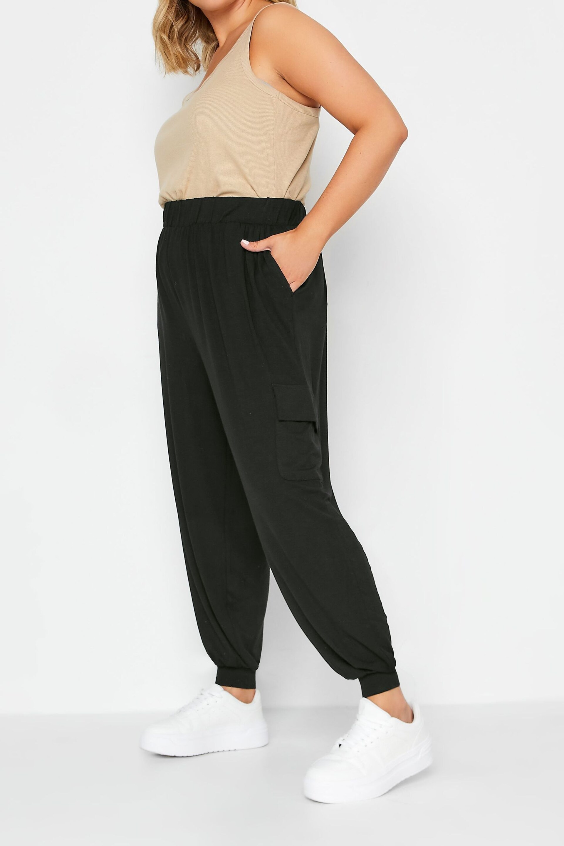 Yours Curve Black Jersey Cargo Harem Trousers - Image 1 of 2