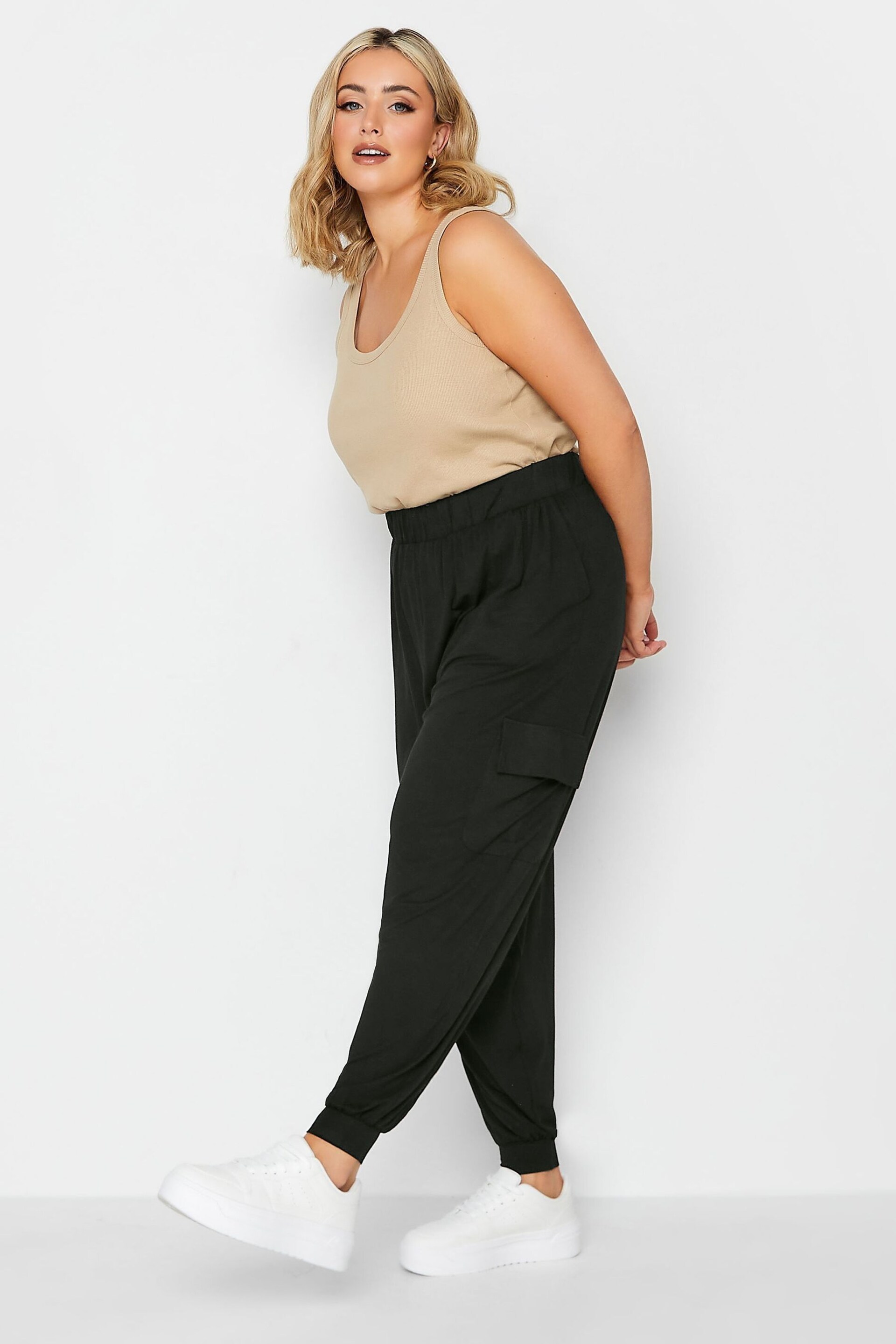 Yours Curve Black Jersey Cargo Harem Trousers - Image 2 of 2