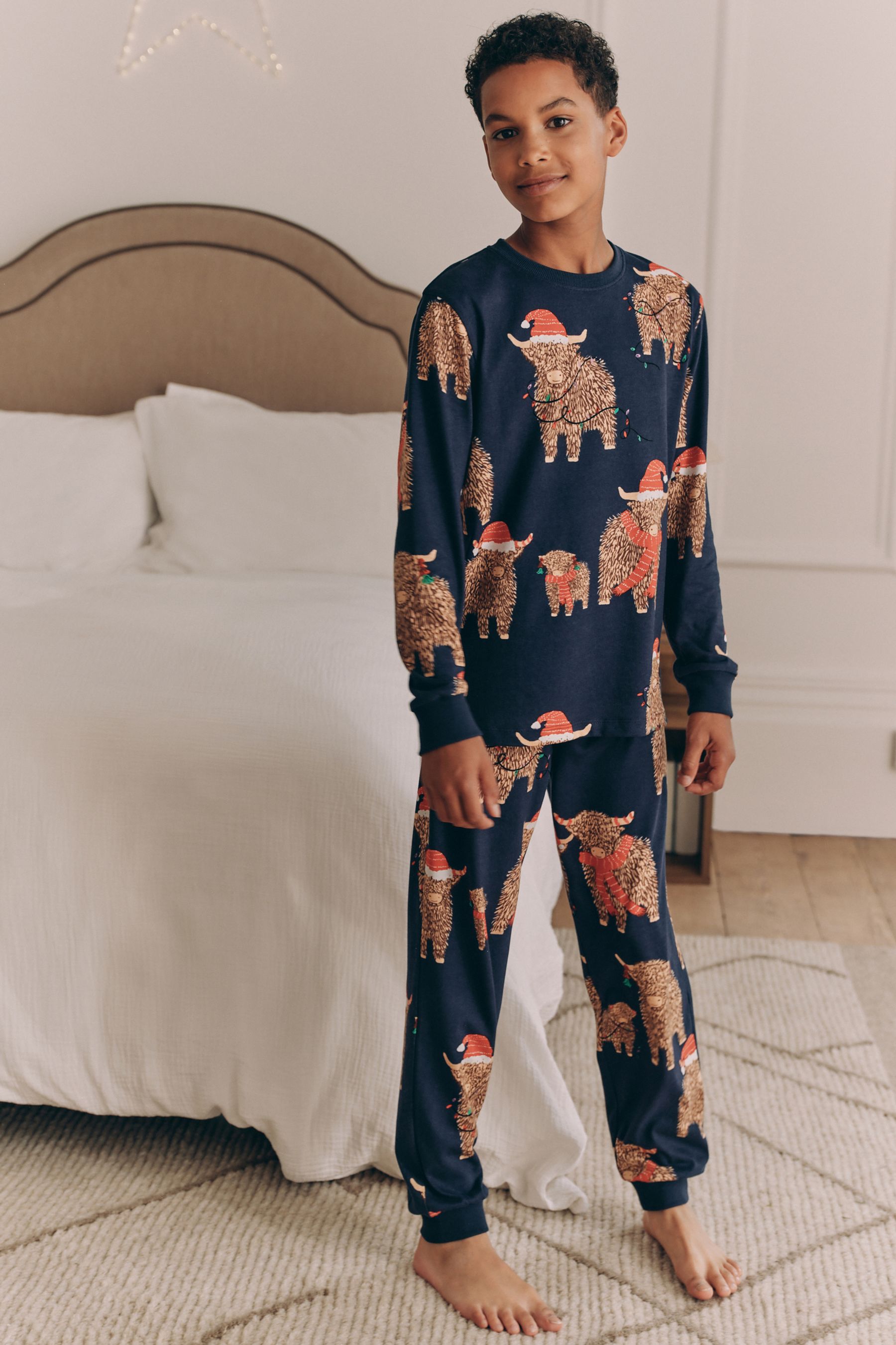 Navy Blue Matching Family Kids Christmas Hamish The Highland Cow 100 Cotton Pyjamas 12mths 8yrs