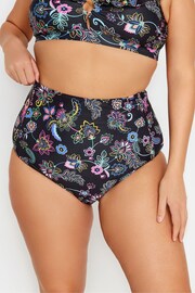 Yours Curve Black Floral Paisley Print Super High Waisted Tummy Control Bikini Briefs - Image 1 of 4