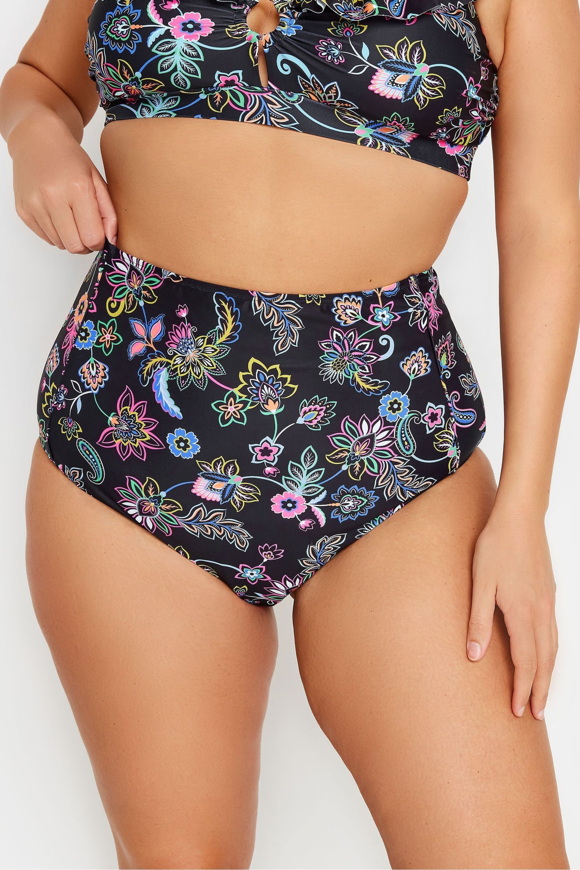 Yours Curve Black Floral Paisley Print Super High Waisted Tummy Control Bikini Briefs - Image 1 of 4