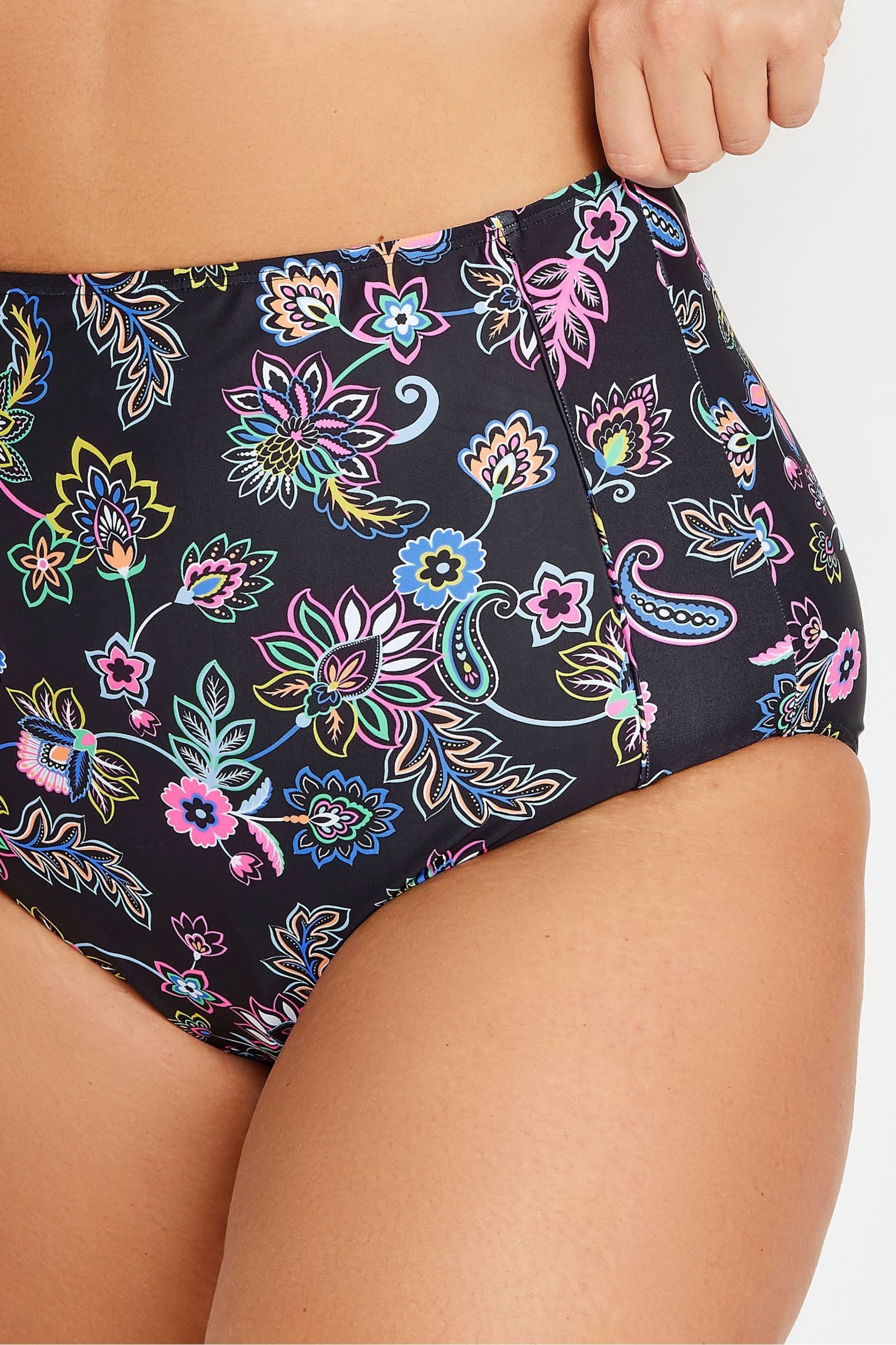 Yours Curve Black Floral Paisley Print Super High Waisted Tummy Control Bikini Briefs - Image 4 of 4