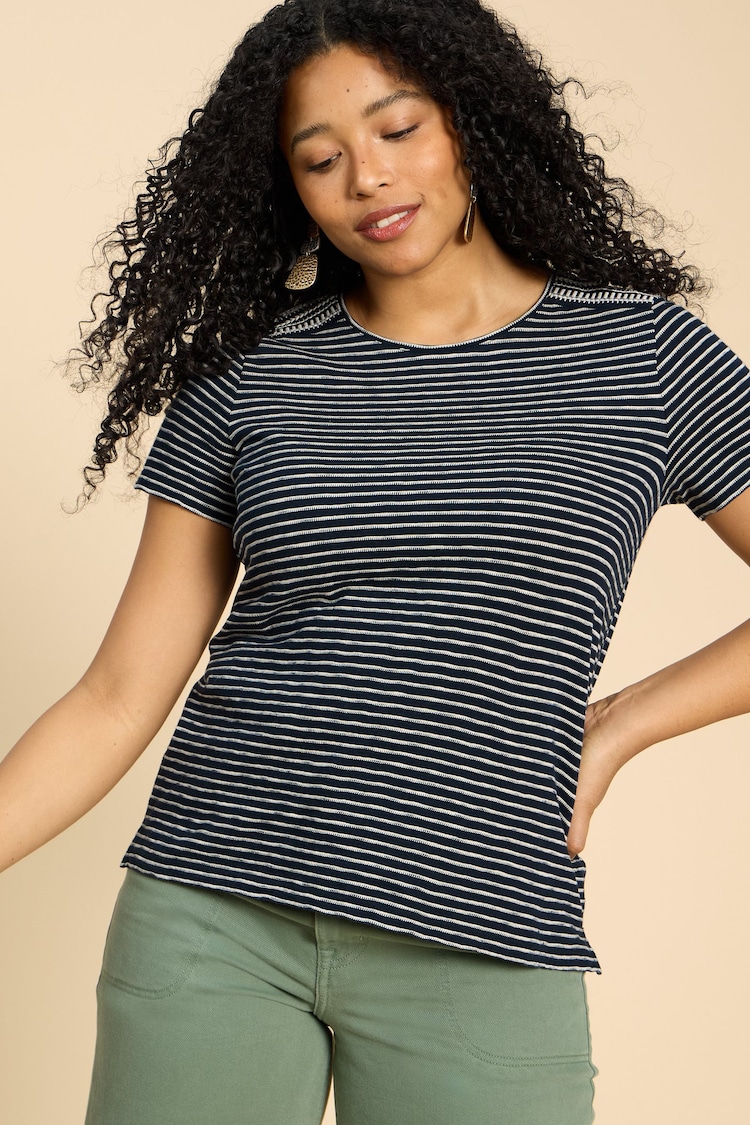 White Stuff Black Embroidered Stripe Abbie 100% Cotton T-Shirt - Image 1 of 7