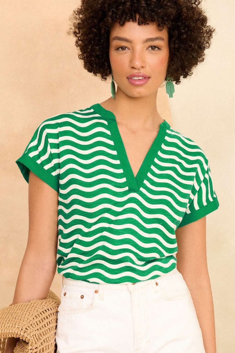 Love & Roses Green Wave Stripe Jersey V Neck Woven Trim Short Sleeve T-Shirt - Image 3 of 4