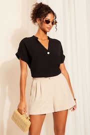 Friends Like These Black Petite V Neck Roll Sleeve Button Blouse - Image 1 of 4
