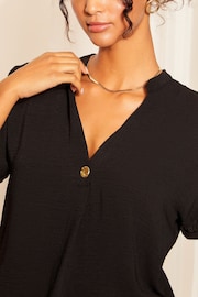 Friends Like These Black Petite V Neck Roll Sleeve Button Blouse - Image 2 of 4