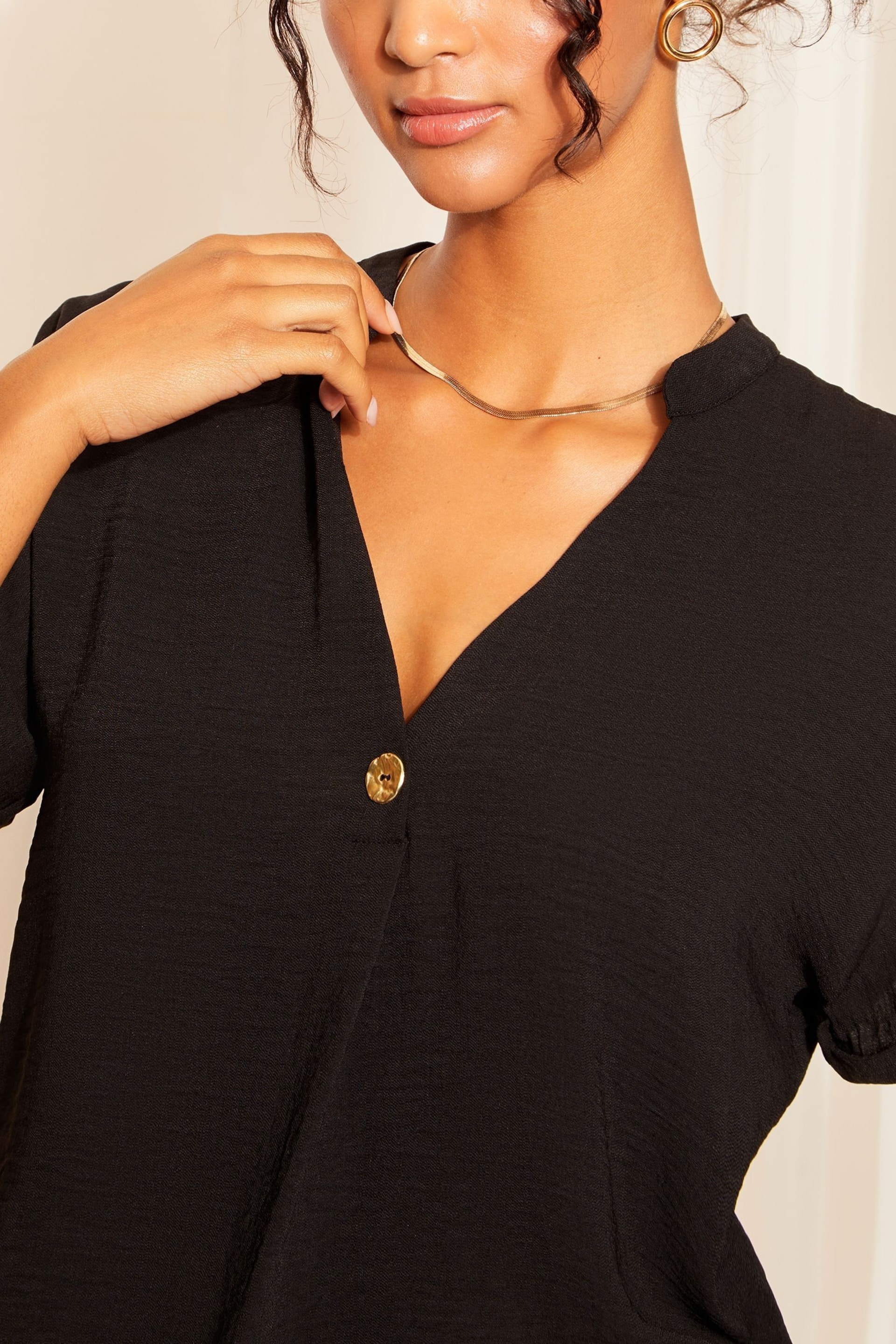 Friends Like These Black Petite V Neck Roll Sleeve Button Blouse - Image 2 of 4