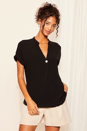 Friends Like These Black Petite V Neck Roll Sleeve Button Blouse - Image 3 of 4
