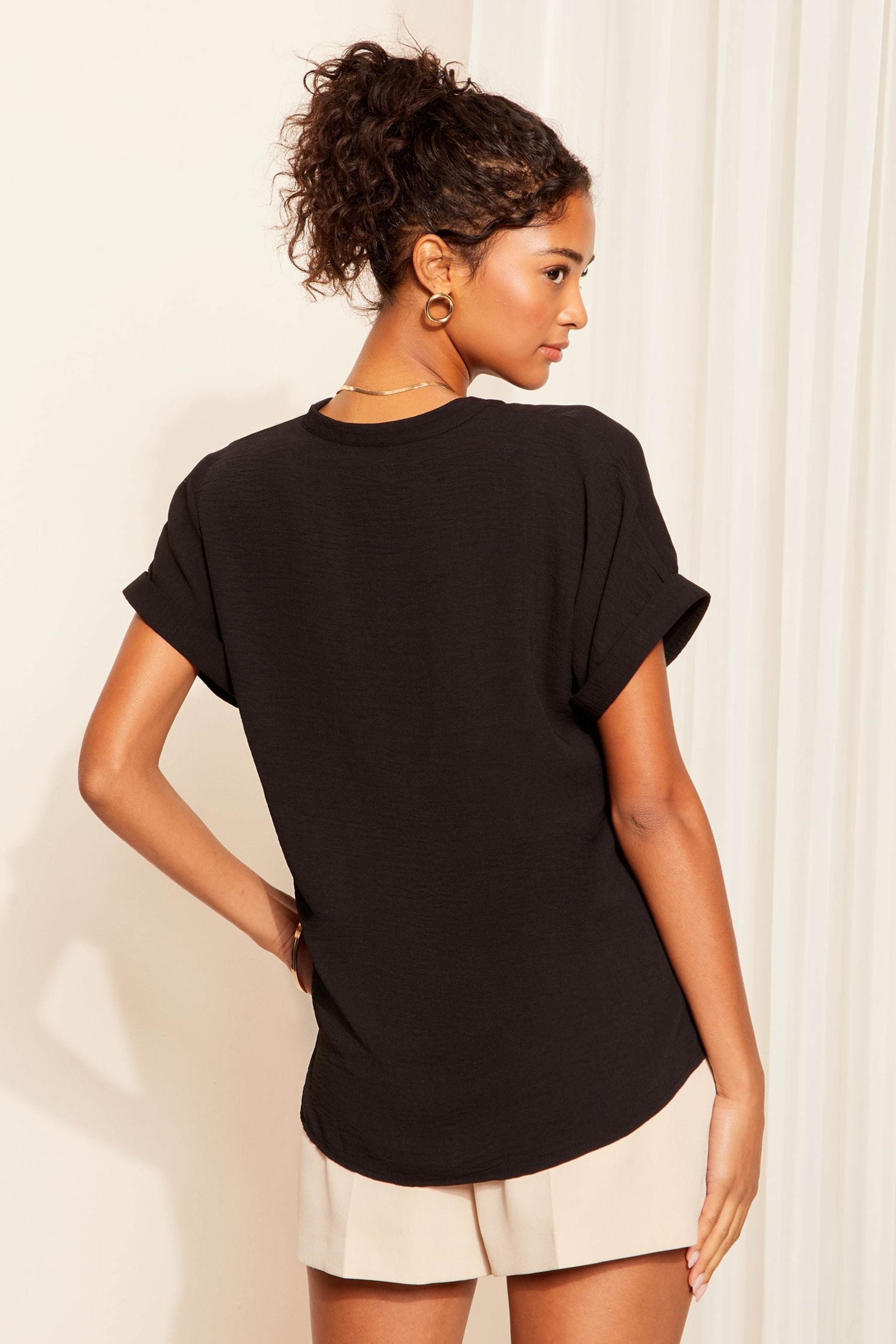 Friends Like These Black Petite V Neck Roll Sleeve Button Blouse - Image 4 of 4