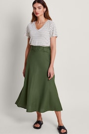 Monsoon Green Belted Linen Blend Midi Skirt - Image 1 of 5