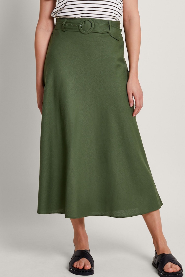 Monsoon Green Belted Linen Blend Midi Skirt - Image 2 of 5