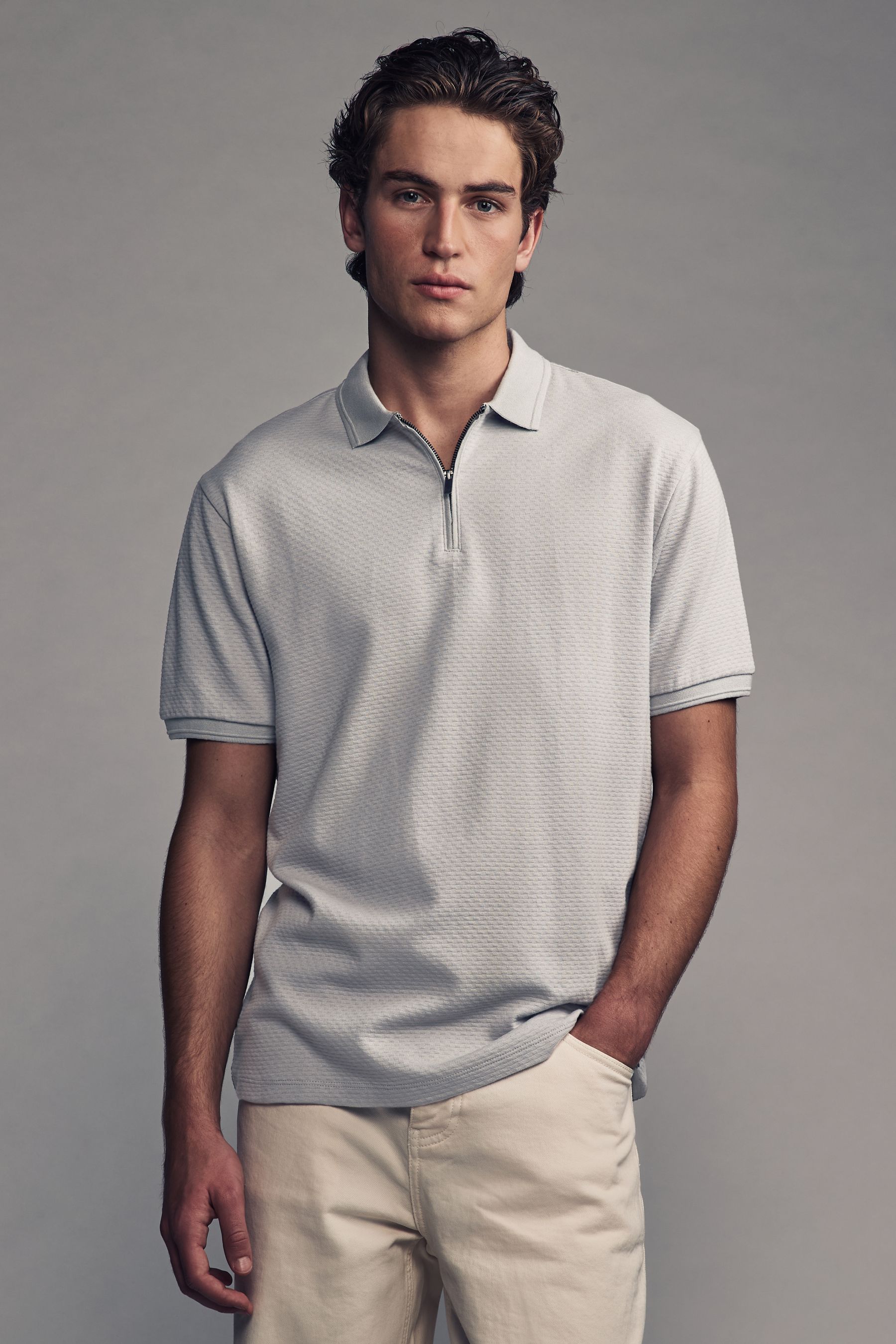 Buy Grey Short Sleeve Textured Quarter Zip Polo Shirt from Next Ireland