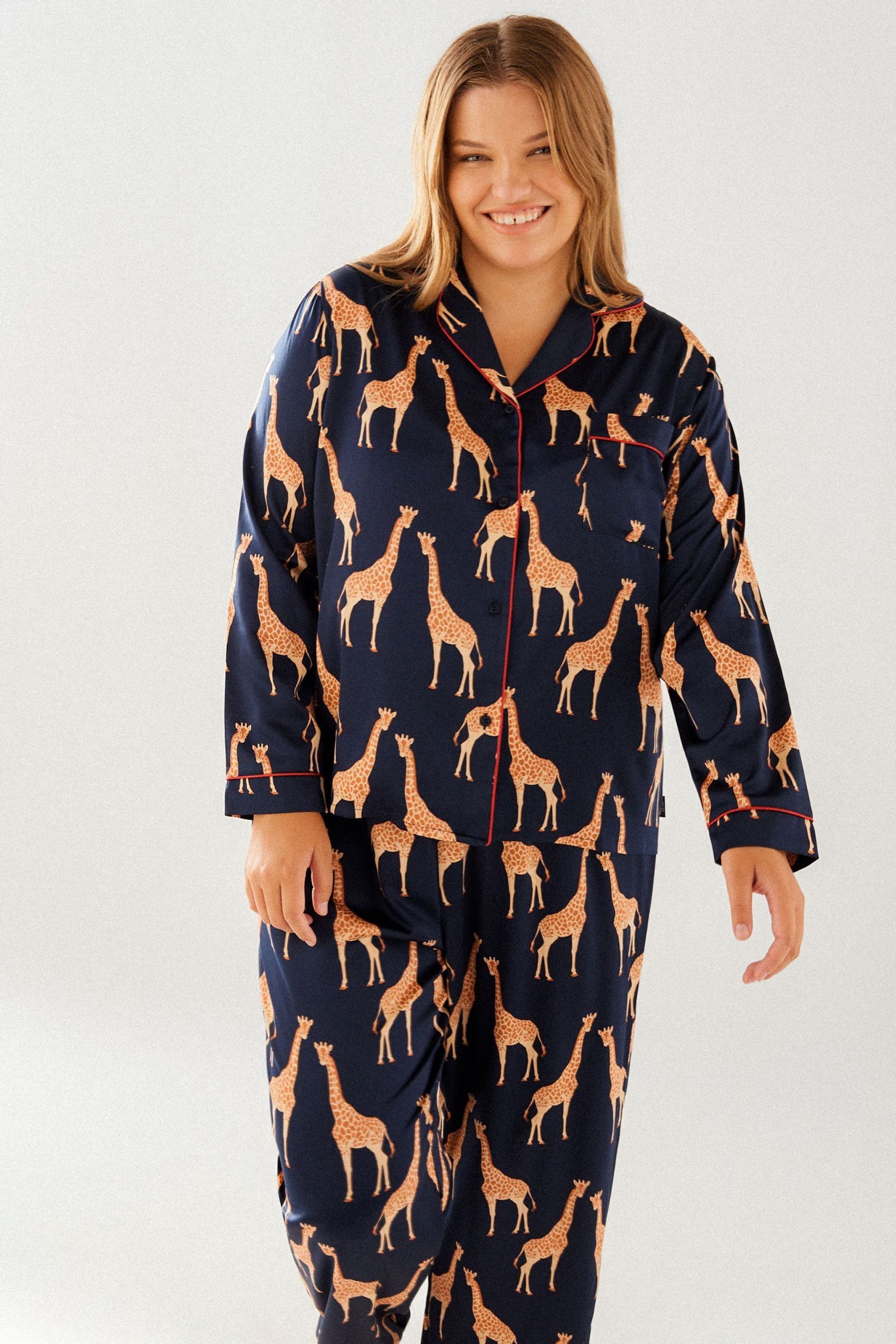 Buy Chelsea Peers Blue Curve Satin Giraffe Print Long Pyjama Set from the Next UK online shop
