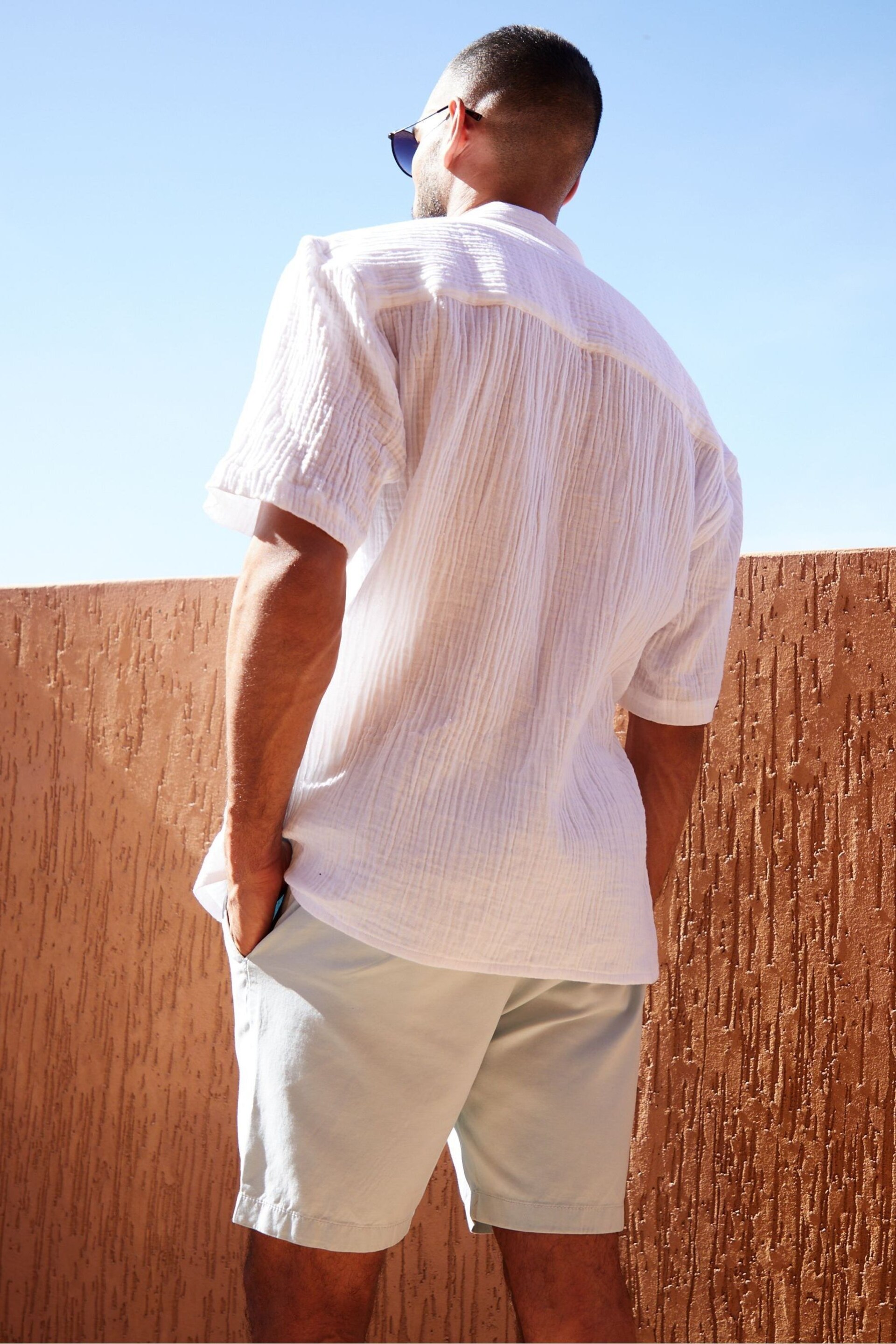 Threadbare White Cotton Textured Revere Collar Short Sleeve Shirt - Image 3 of 4