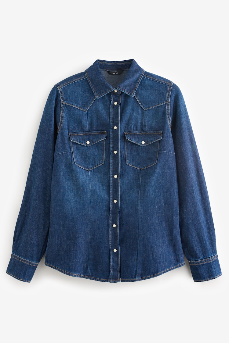 Dark Blue Fuller Bust Seam Detail Fitted Denim Western Shirt - Image 1 of 3