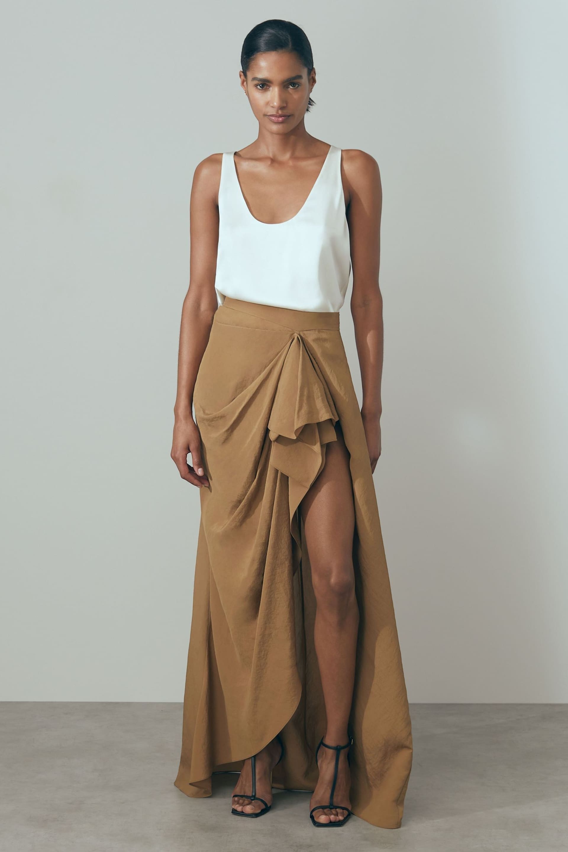 Reiss Toffee Amara Drape Front Maxi Skirt - Image 3 of 6
