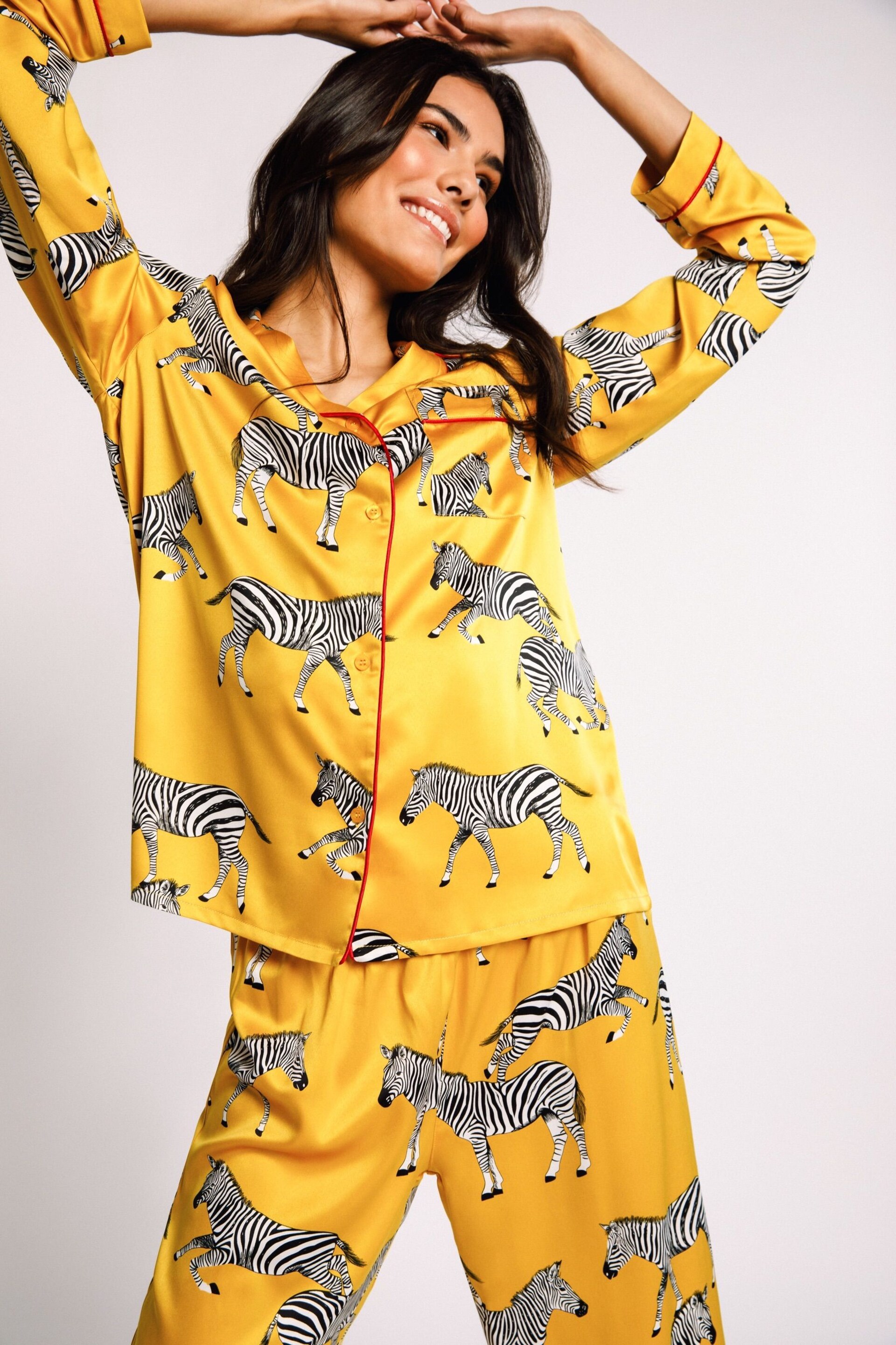 Chelsea Peers Yellow Satin Button Up Pyjama Set - Image 1 of 5