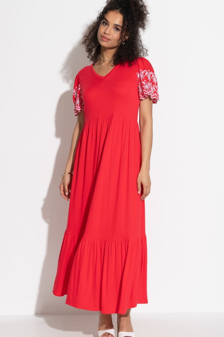 Pour Moi Red Nova Broderie Sleeve Crepe Jersey Midaxi Dress - Image 1 of 4