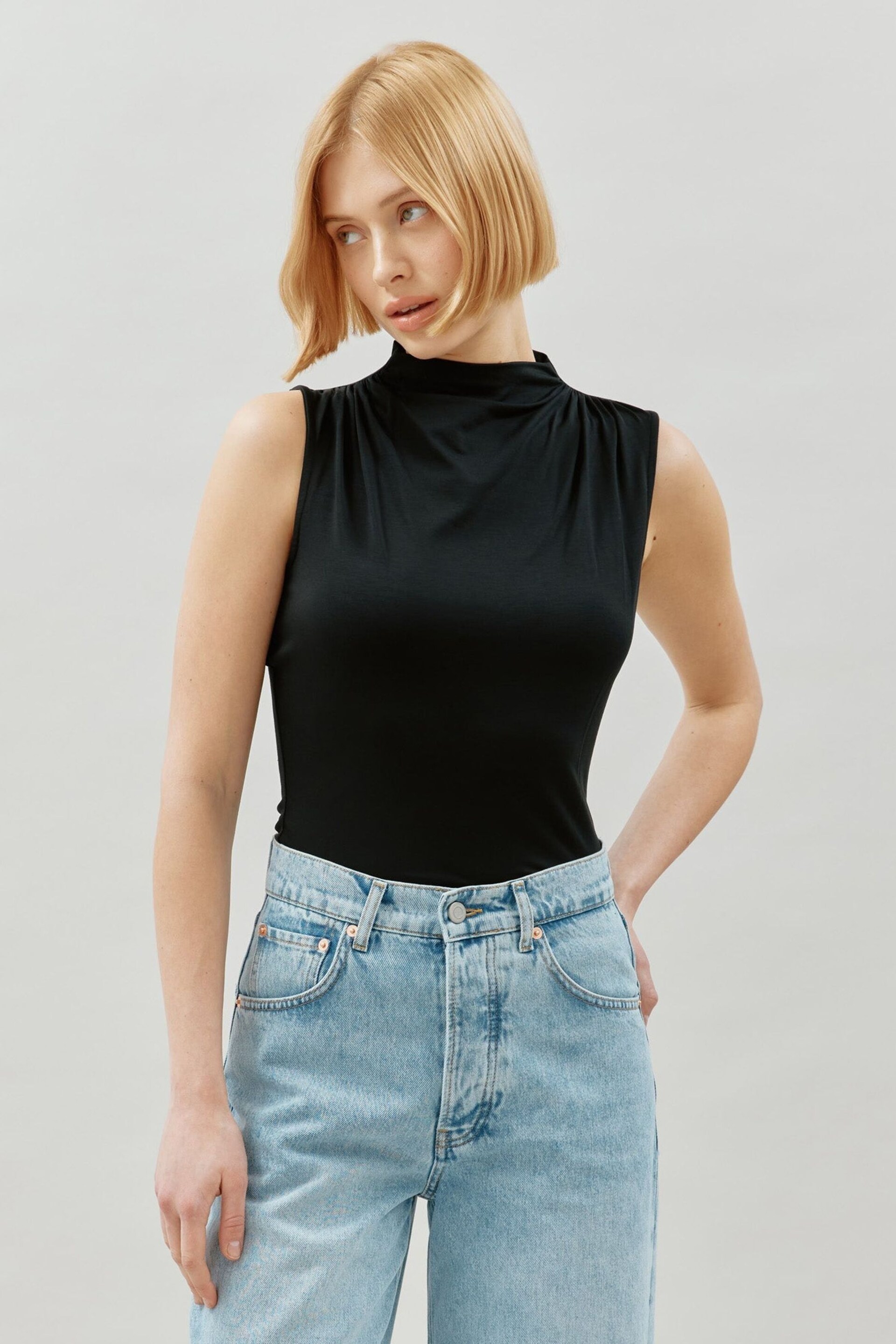 Albaray Sleeveless Ruched Turtle Neck Black Top - Image 1 of 4
