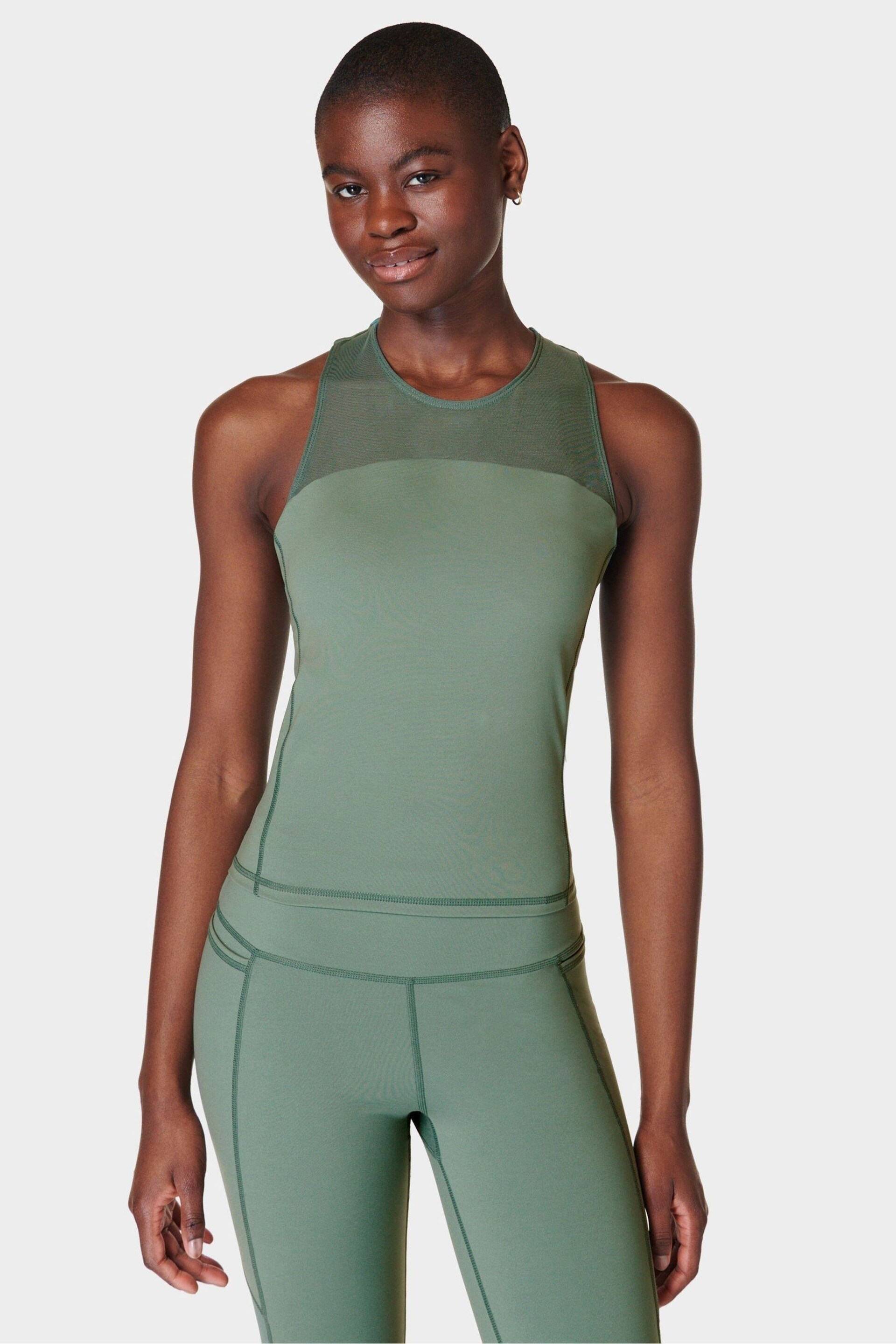 Sweaty Betty Cool Forest Green Power Illusion Workout Bra Tank Top - Image 1 of 7