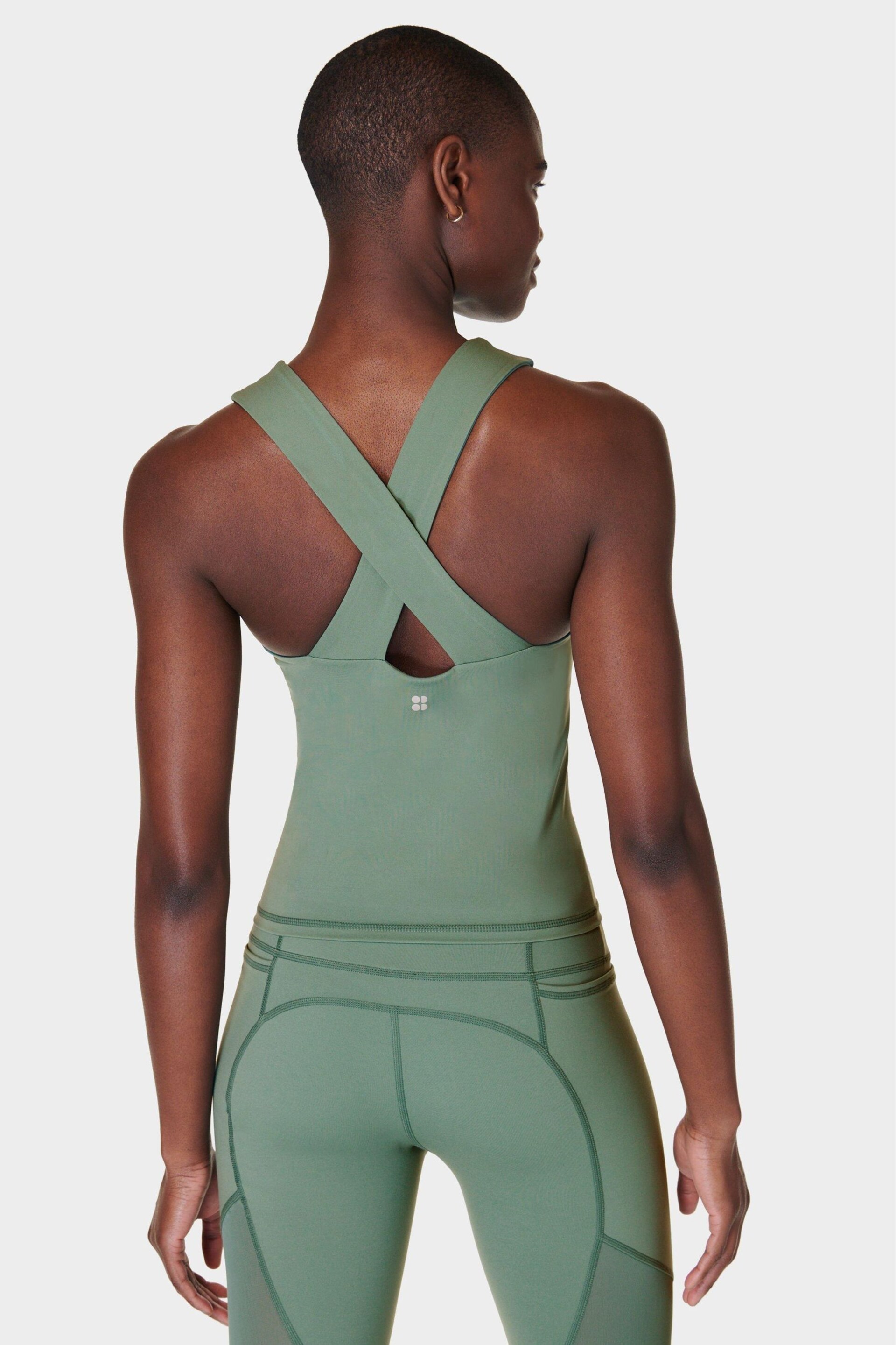 Sweaty Betty Cool Forest Green Power Illusion Workout Bra Tank Top - Image 2 of 7