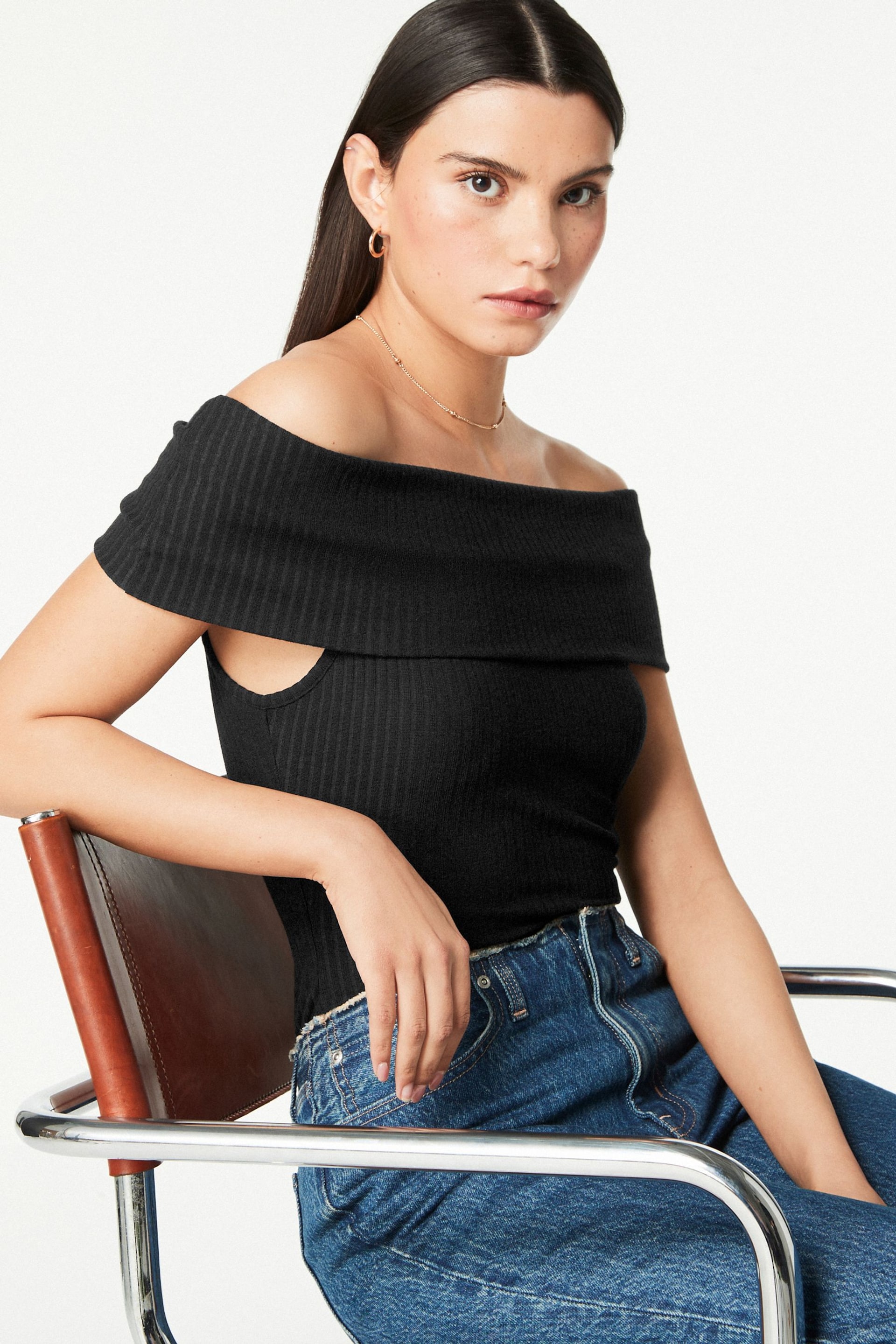 Black Bardot Off The Shoulder Summer Ribbed Top - Image 2 of 2