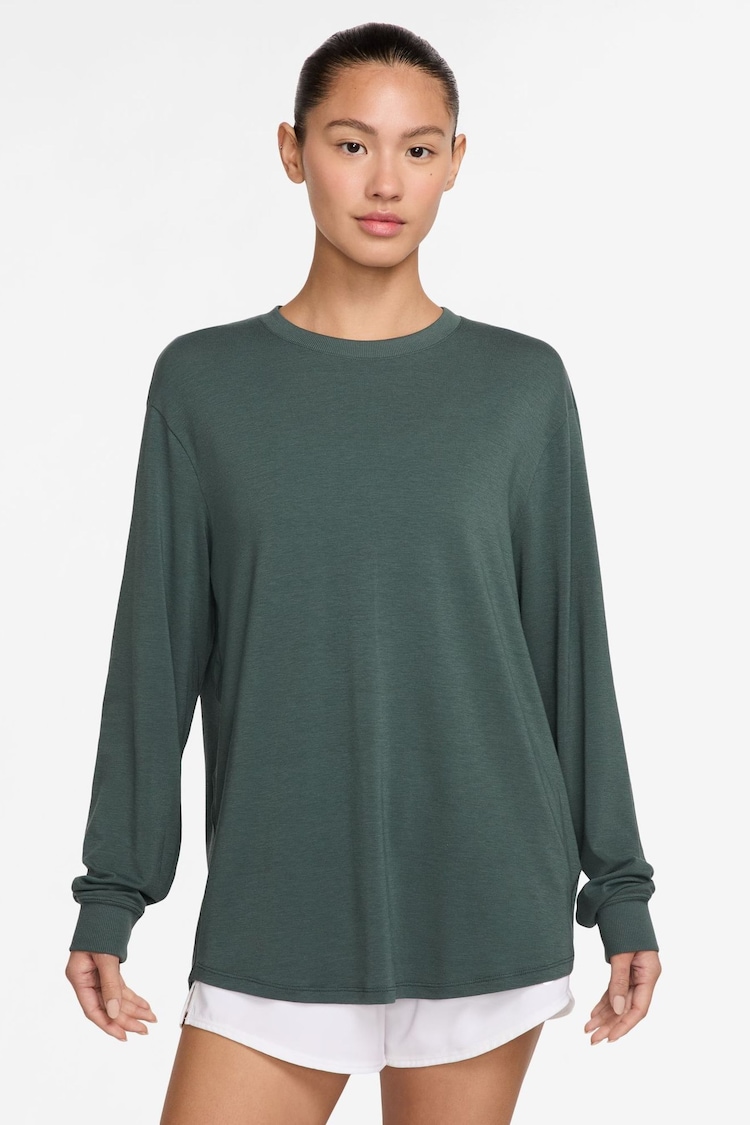 Nike Dark Green One Relaxed Dri-FIT Long-Sleeve Fitness Top - Image 1 of 4