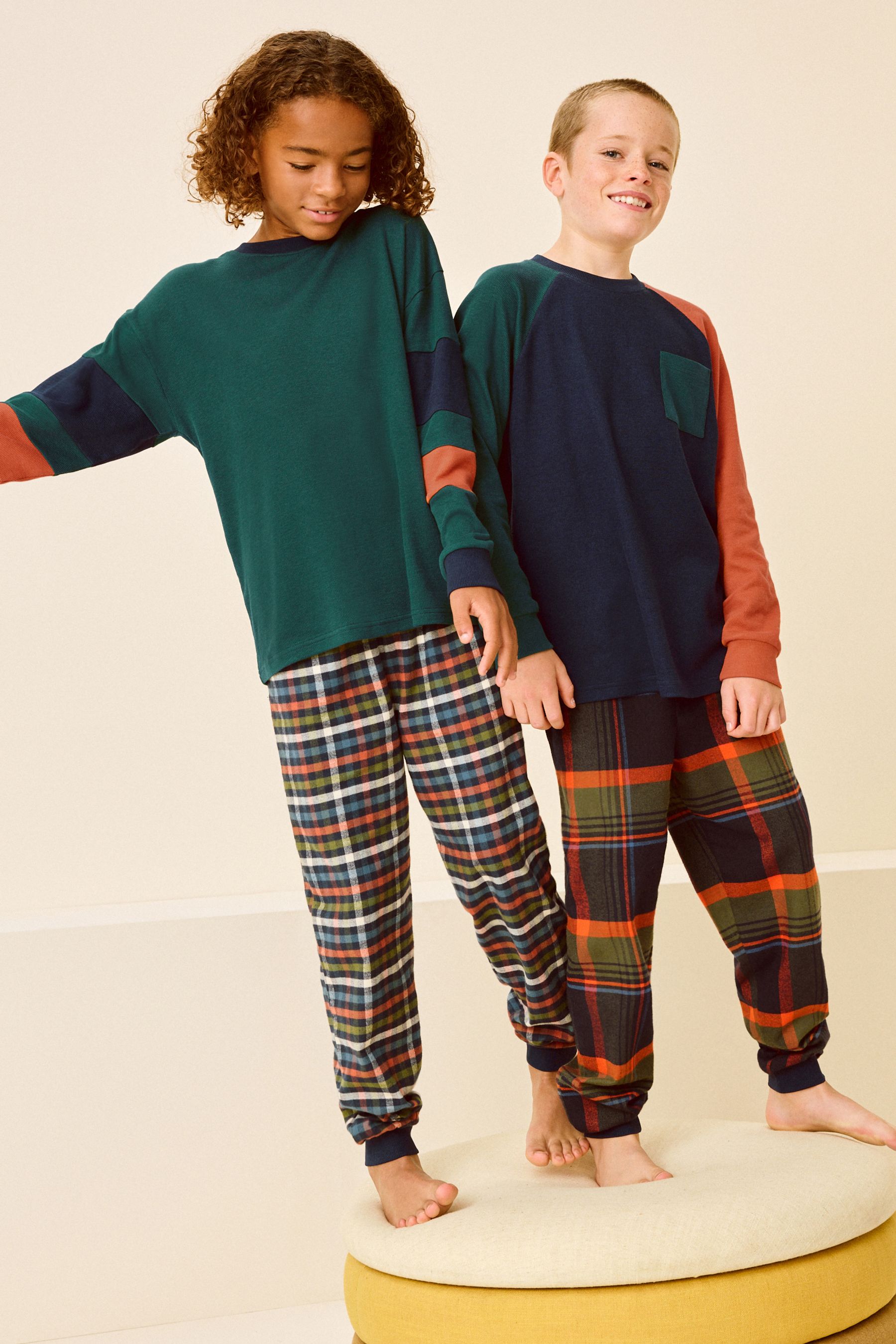 Buy Green Orange 2 Pack Long Sleeve Woven Check 100 Cotton Pyjamas 3 16yrs from Next Kuwait