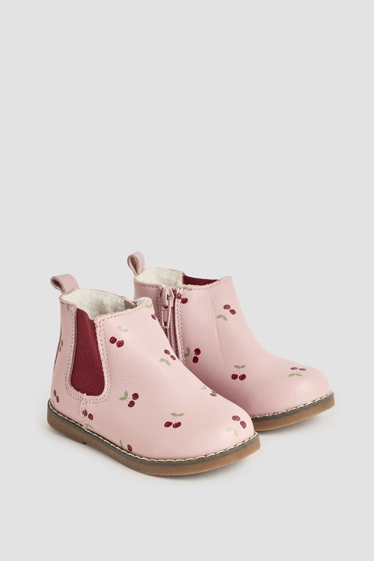 JoJo Maman Bébé Pink Pretty Cherry Print Leather Chelsea Boots - Image 1 of 4