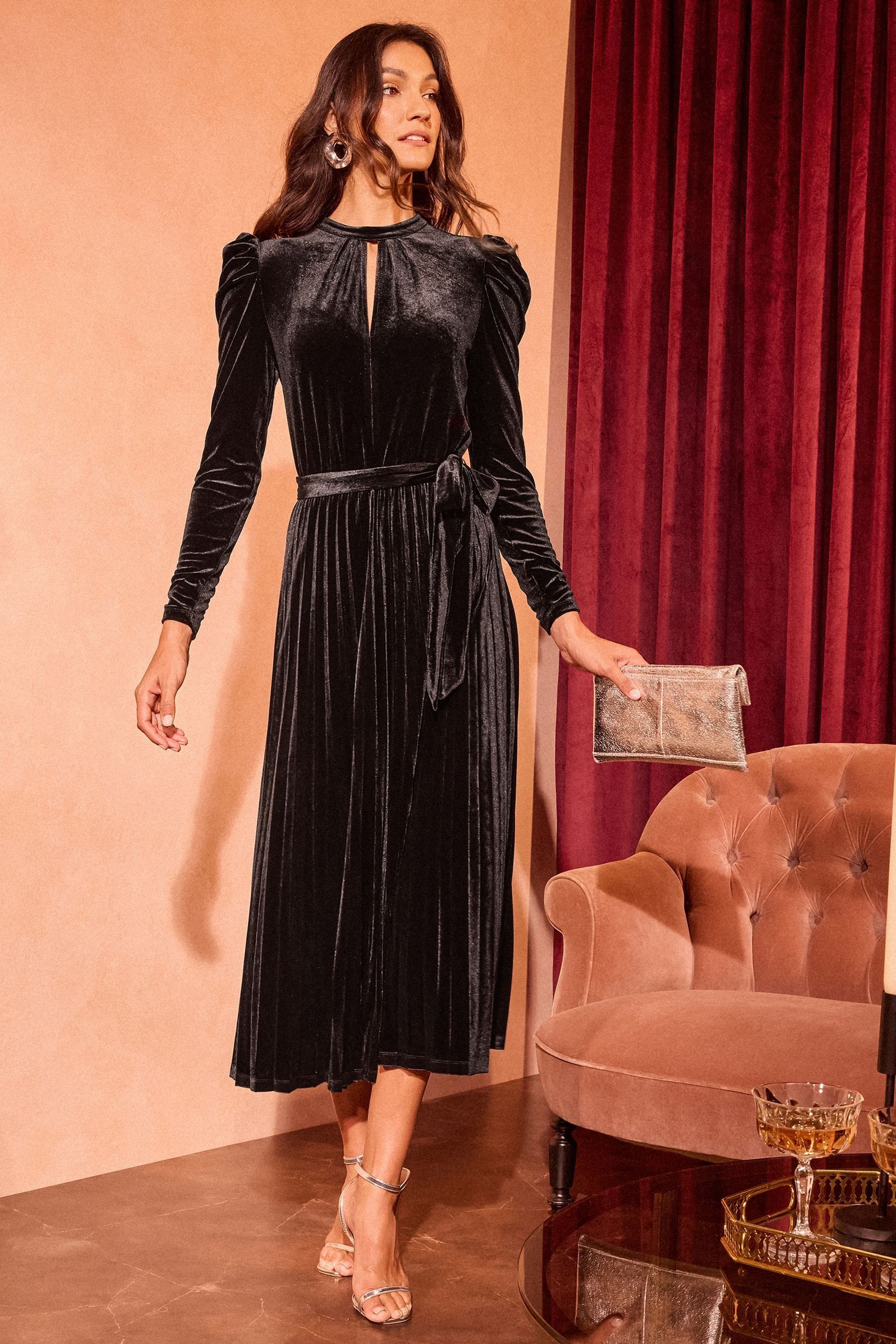 Buy Love Roses Black Velvet Petite Pleated Skirt Twist Neck Long Sleeve Midi Dress from the Next UK online shop