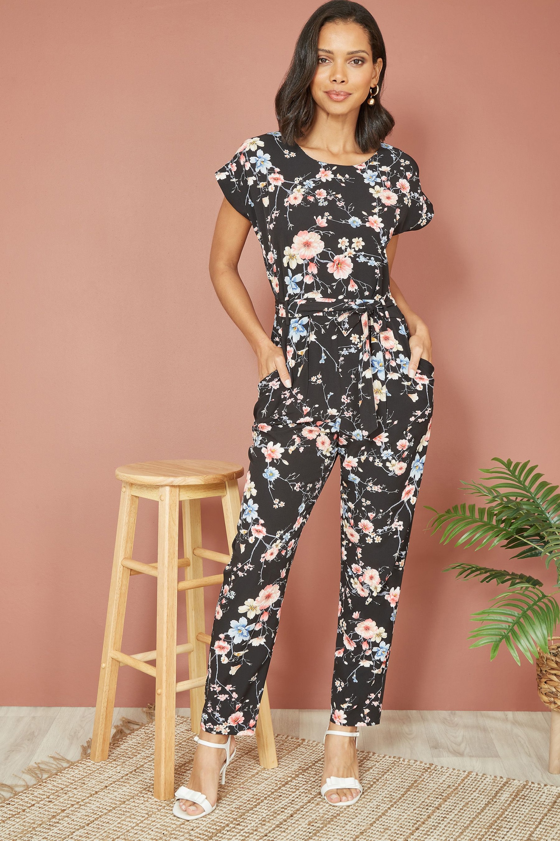 Yumi Black Blossom Print Jumpsuit - Image 1 of 4