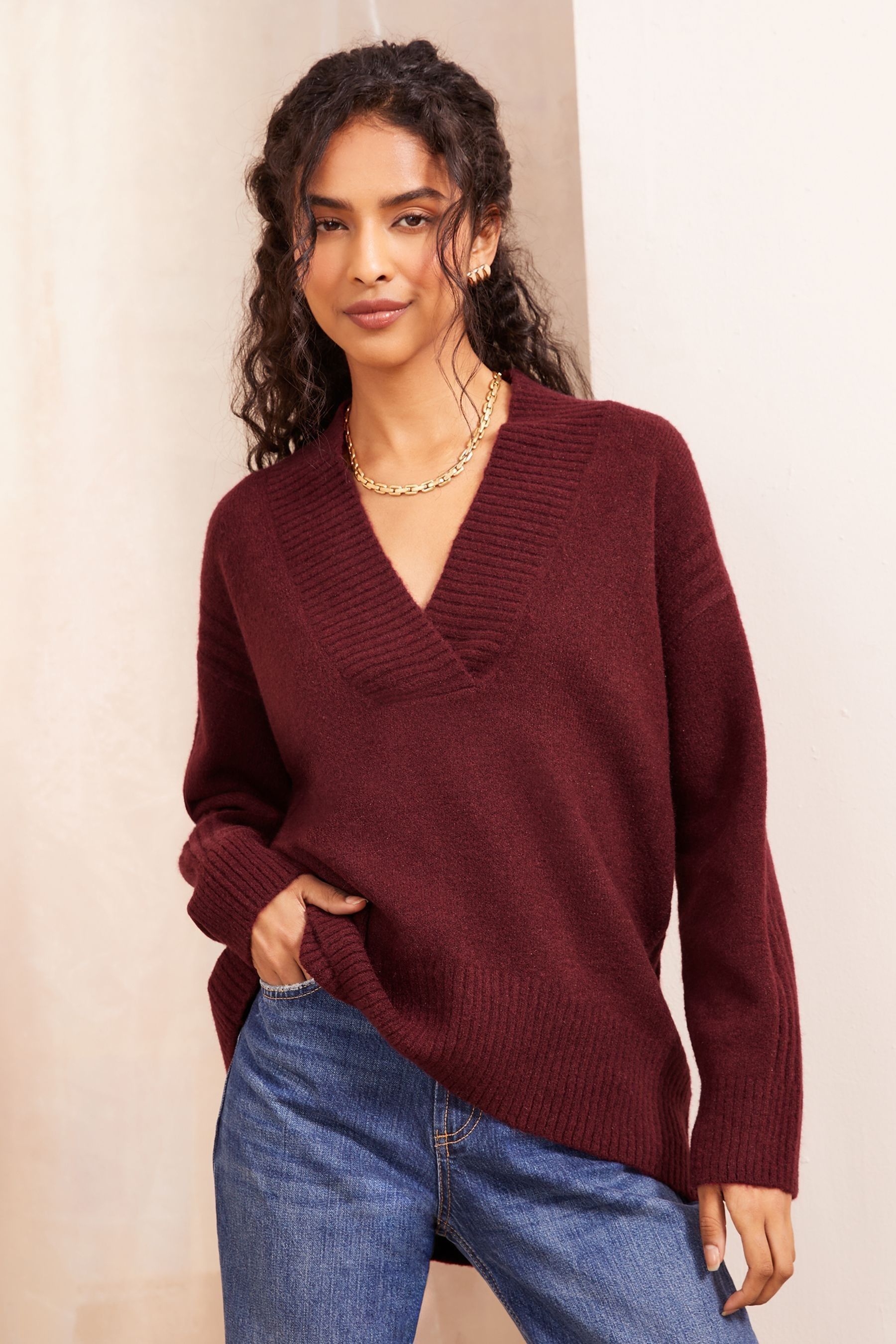 V neck longline jumper top
